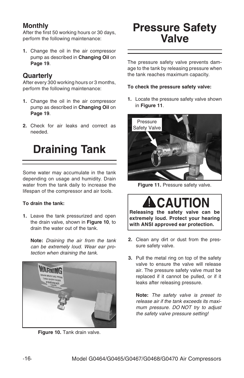 Draining tank, Pressure safety valve, Monthly | Quarterly | Grizzly G470 User Manual | Page 18 / 36