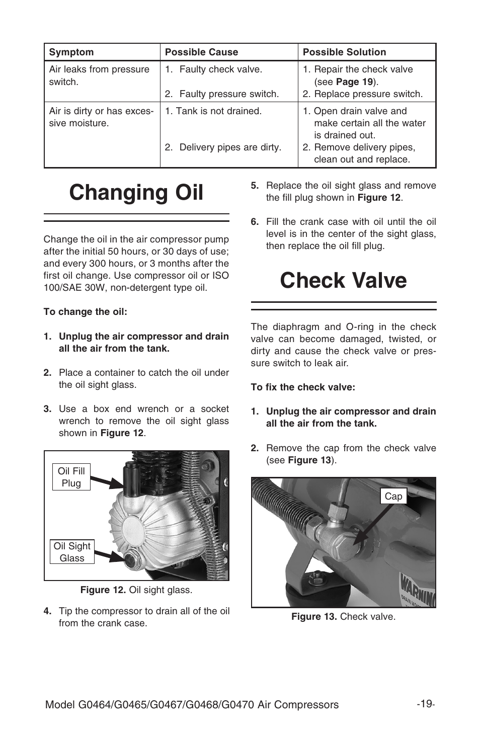 Changing oil, Check valve | Grizzly G470 User Manual | Page 21 / 36