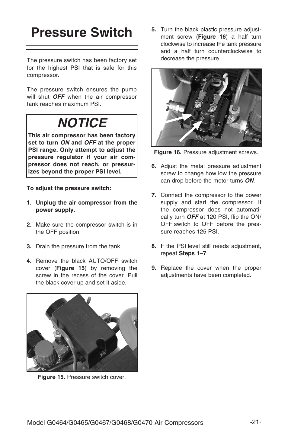 Pressure switch, Notice | Grizzly G470 User Manual | Page 23 / 36