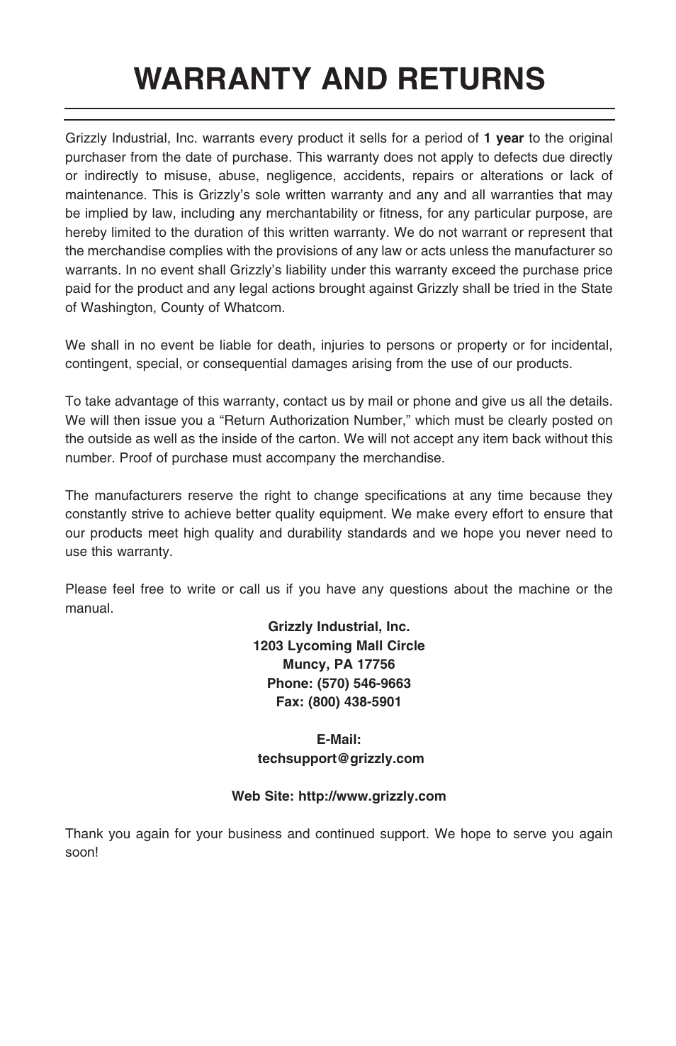 Warranty and returns | Grizzly G470 User Manual | Page 34 / 36