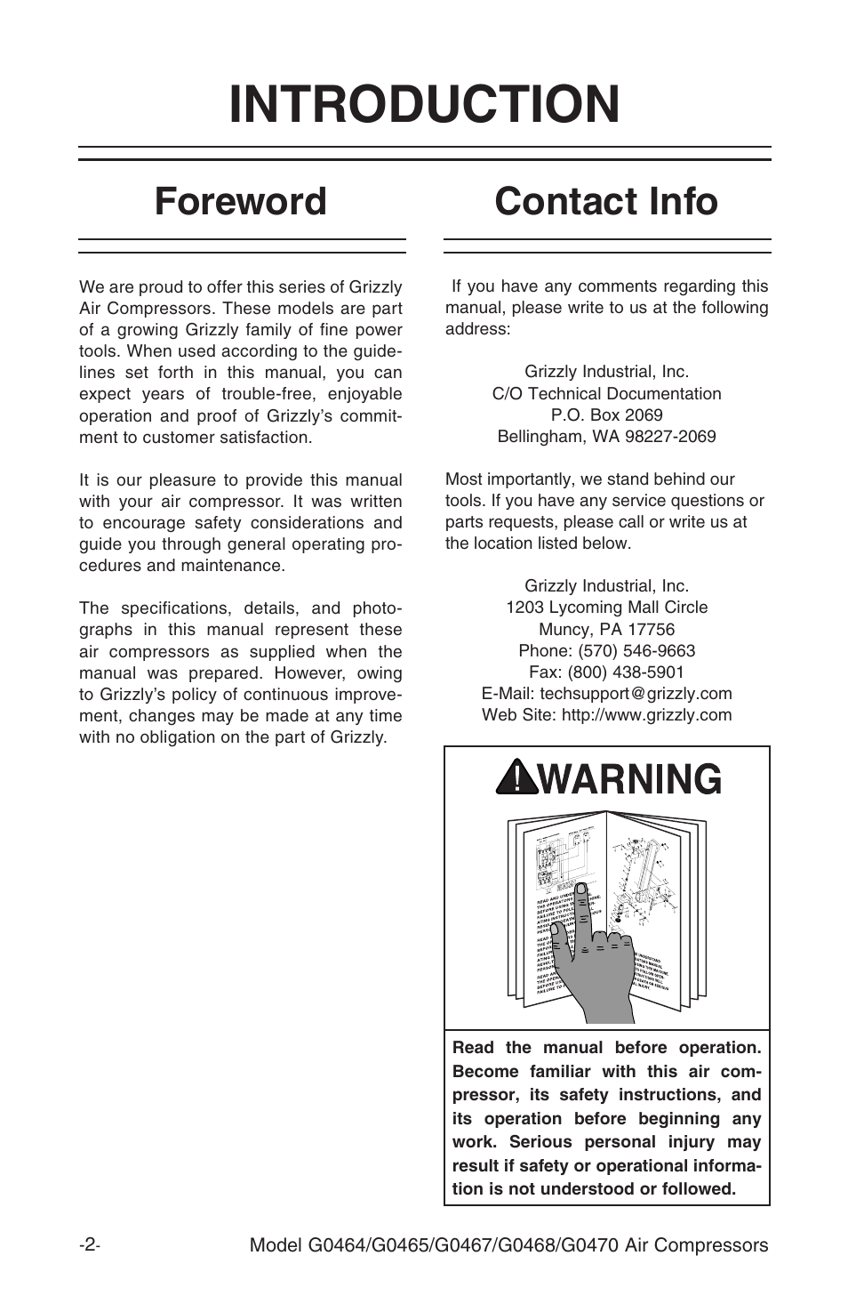 Introduction, Foreword contact info | Grizzly G470 User Manual | Page 4 / 36