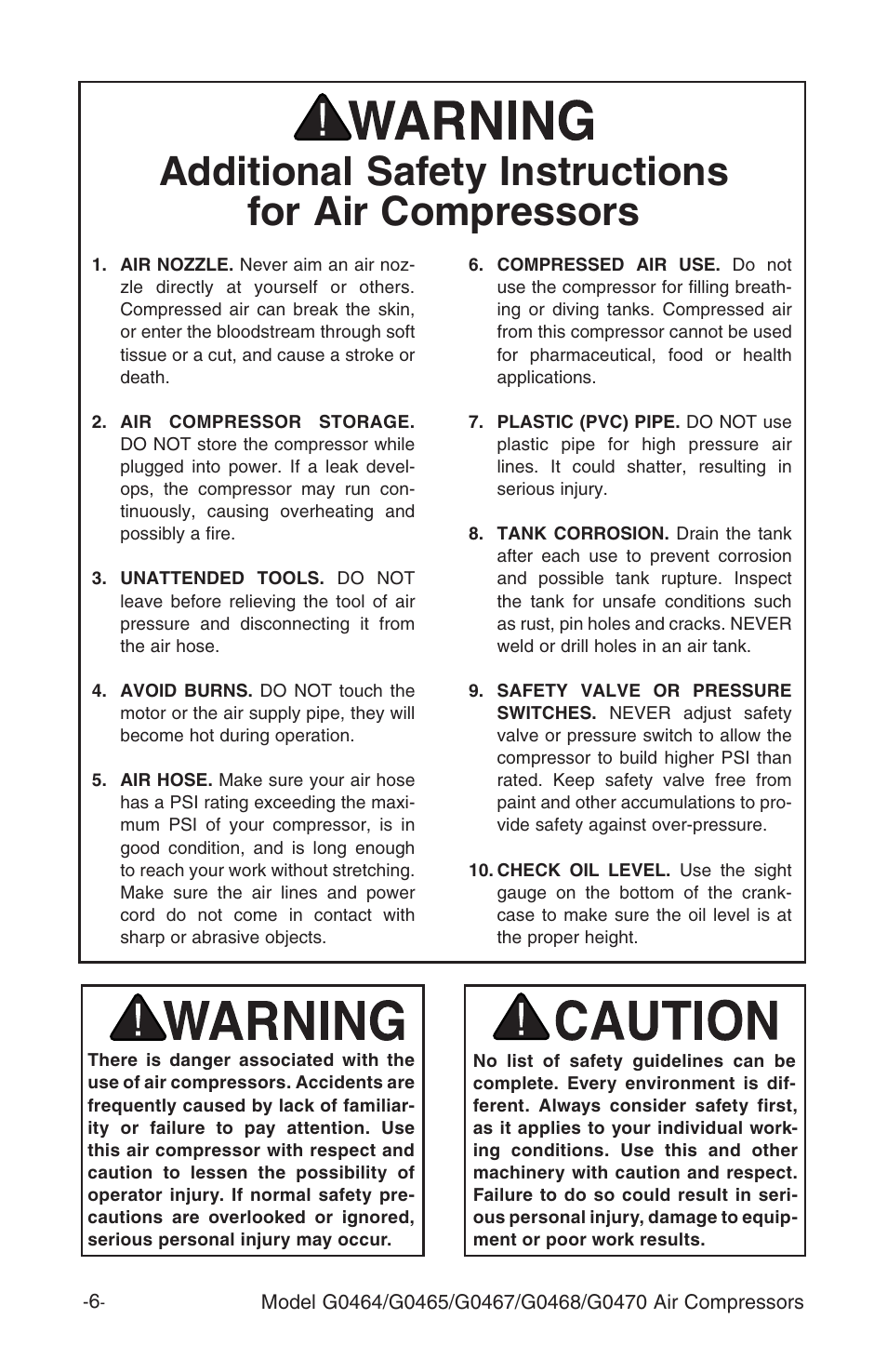 Additional safety instructions for air compressors | Grizzly G470 User Manual | Page 8 / 36