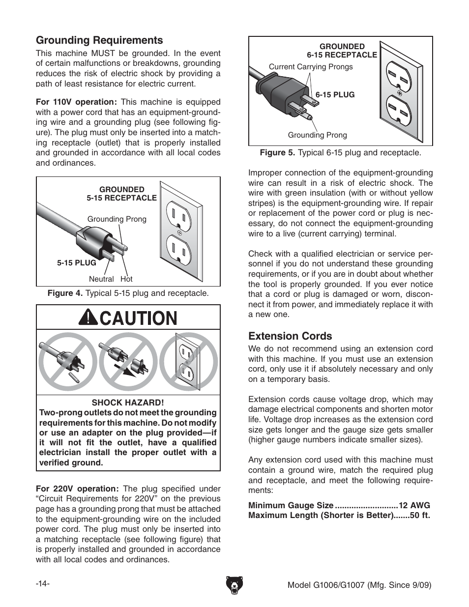 Extension cords, Grounding requirements | Grizzly G1007 User Manual | Page 16 / 52