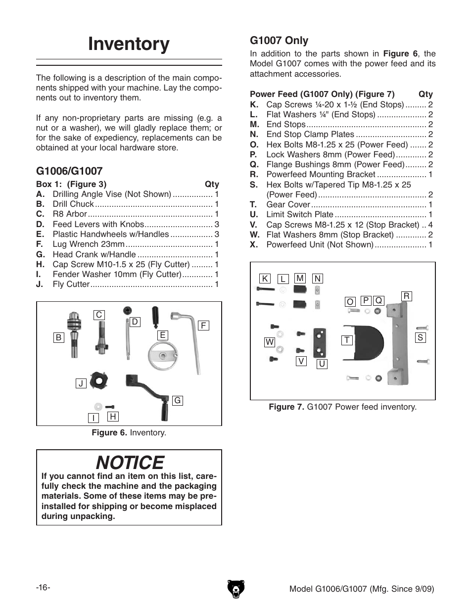 Inventory, Notice | Grizzly G1007 User Manual | Page 18 / 52