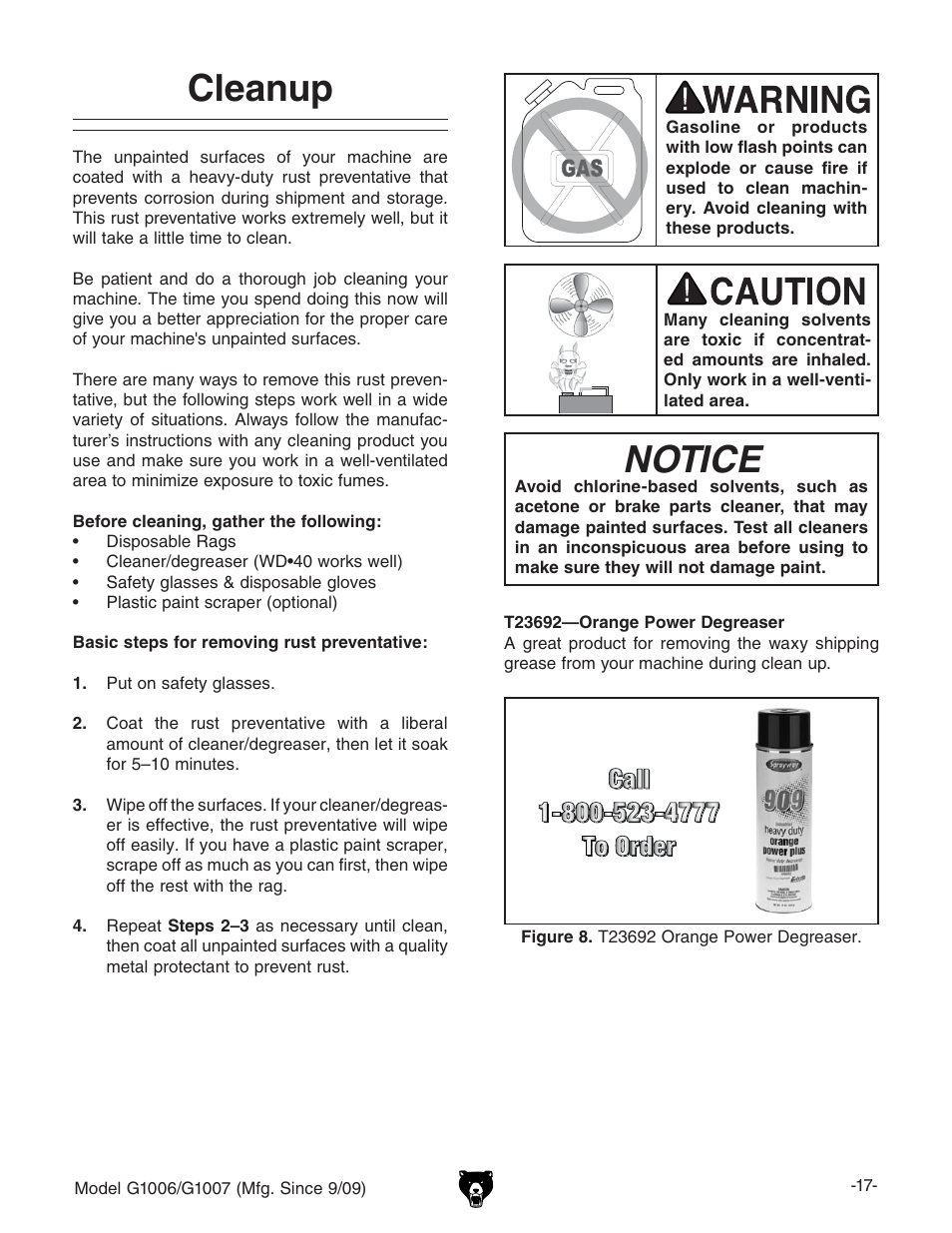 Notice, Cleanup | Grizzly G1007 User Manual | Page 19 / 52