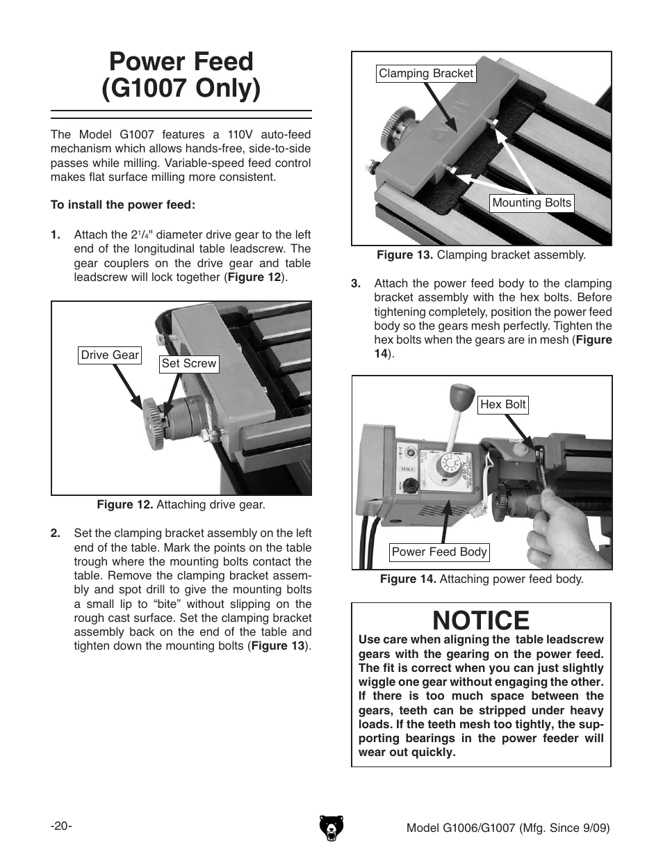 Power feed (g1007 only) notice | Grizzly G1007 User Manual | Page 22 / 52