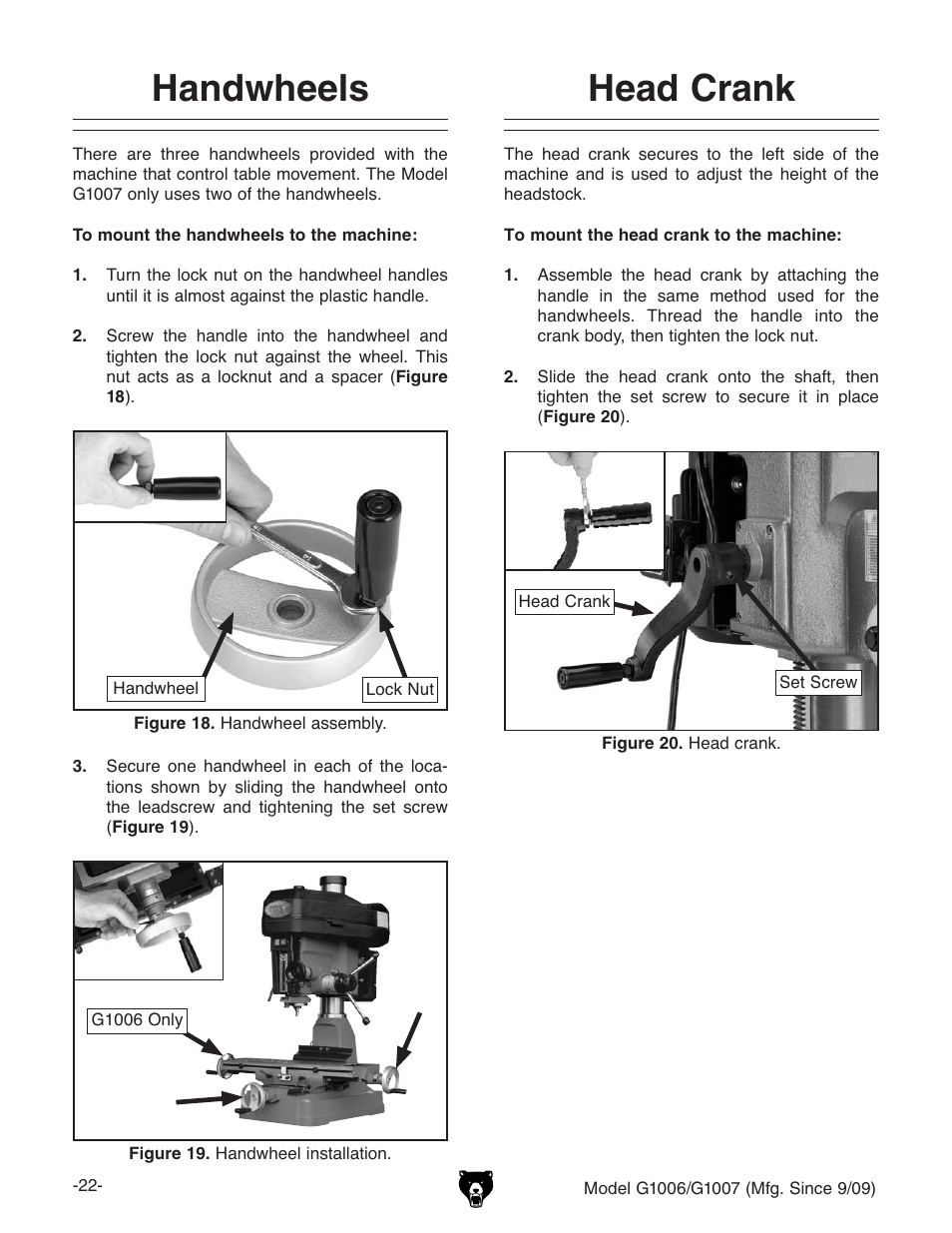 Handwheels, Head crank | Grizzly G1007 User Manual | Page 24 / 52