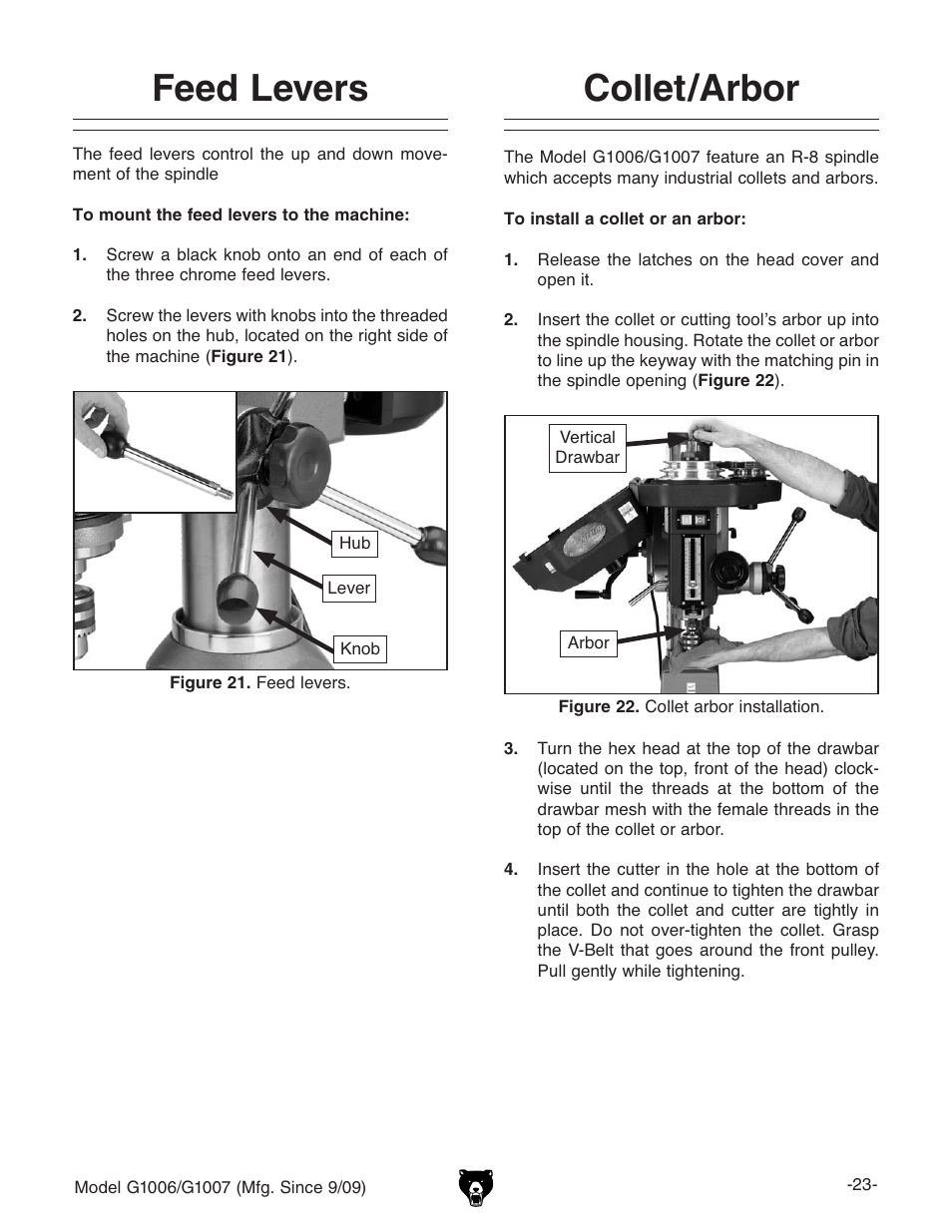 Feed levers, Collet/arbor | Grizzly G1007 User Manual | Page 25 / 52