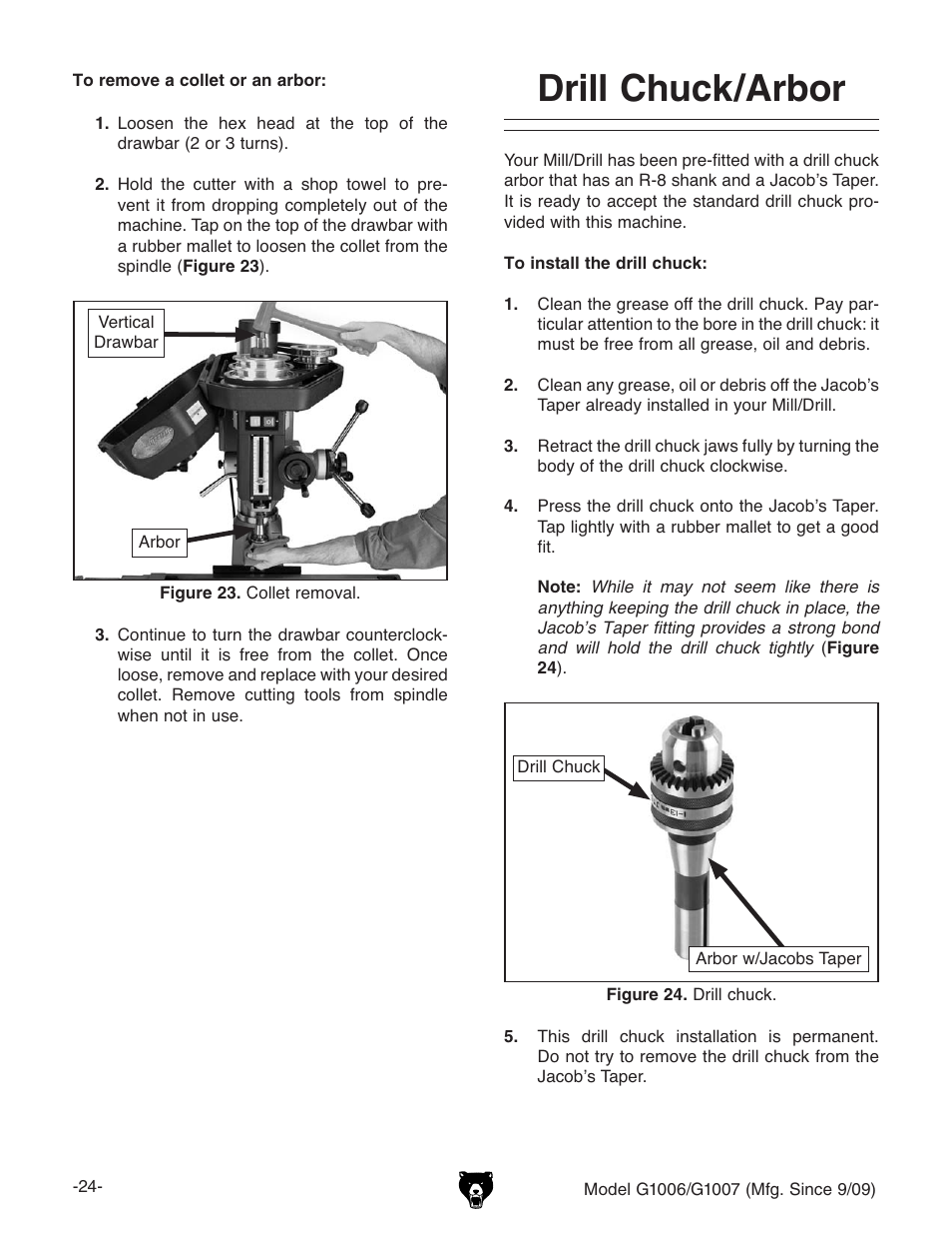 Drill chuck/arbor | Grizzly G1007 User Manual | Page 26 / 52