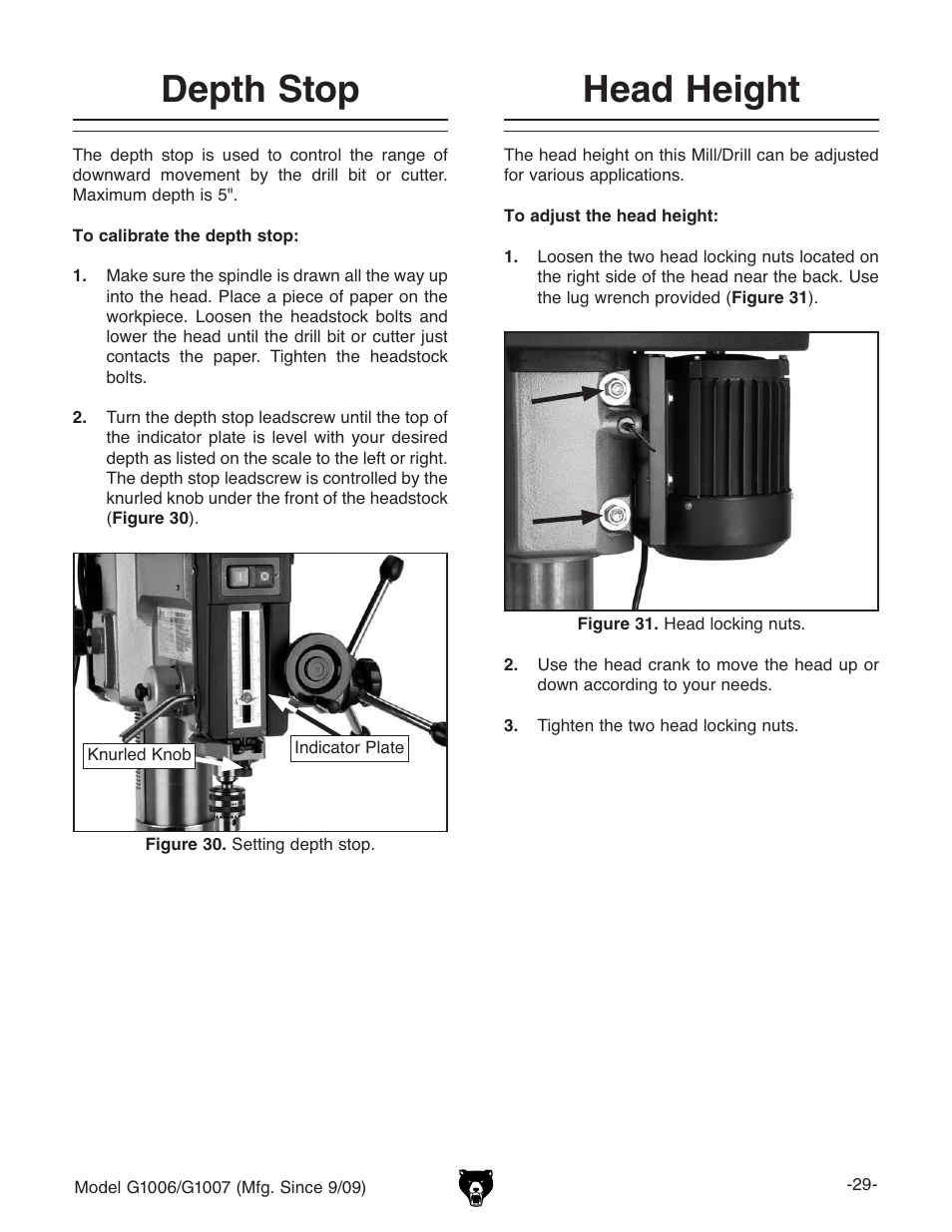 Depth stop head height | Grizzly G1007 User Manual | Page 31 / 52