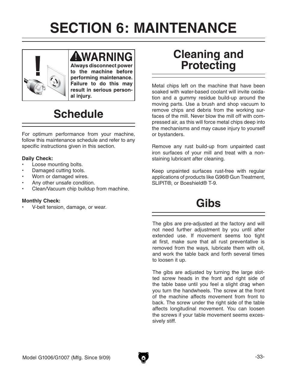 Schedule, Cleaning and protecting, Gibs | Grizzly G1007 User Manual | Page 35 / 52