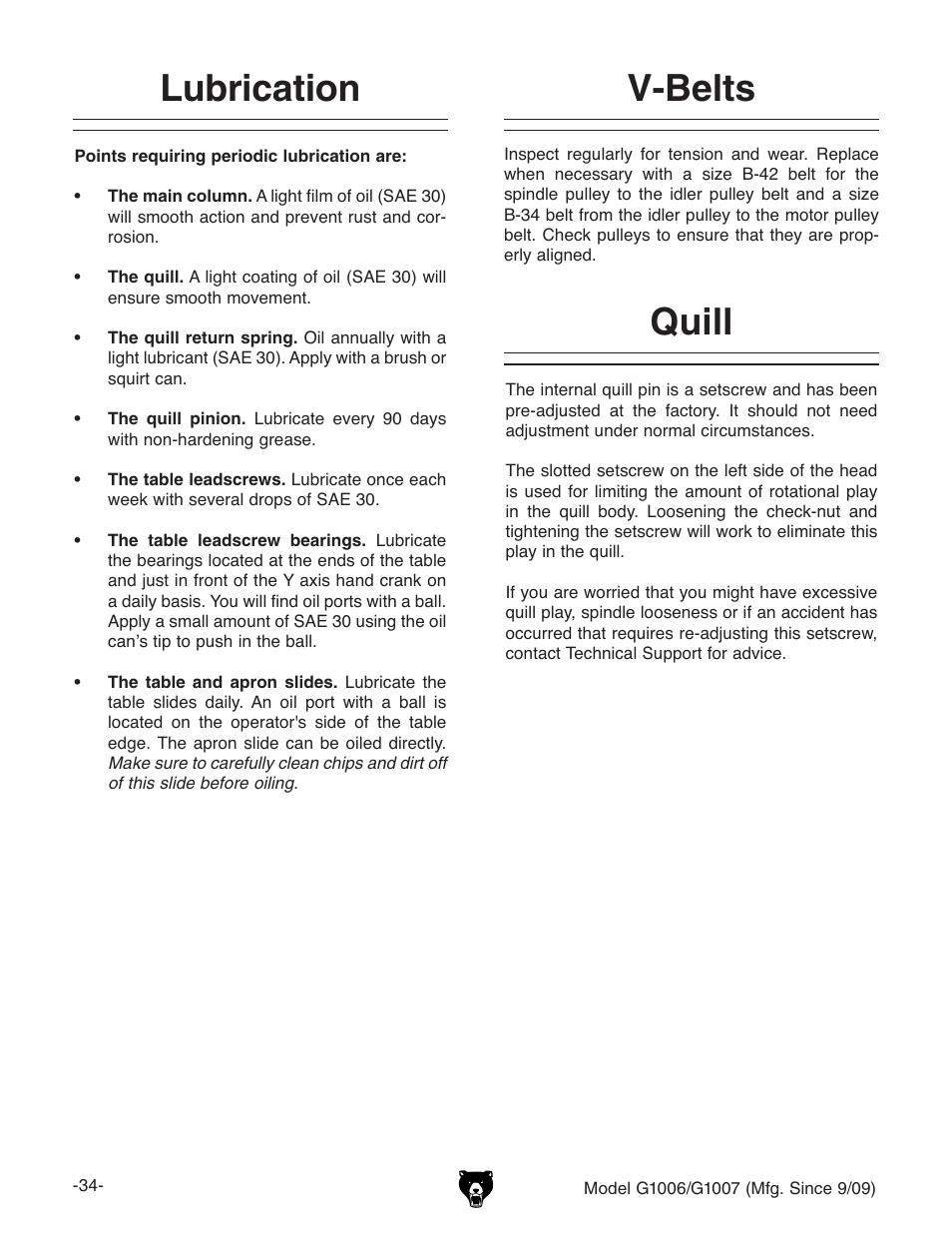 Lubrication v-belts quill | Grizzly G1007 User Manual | Page 36 / 52