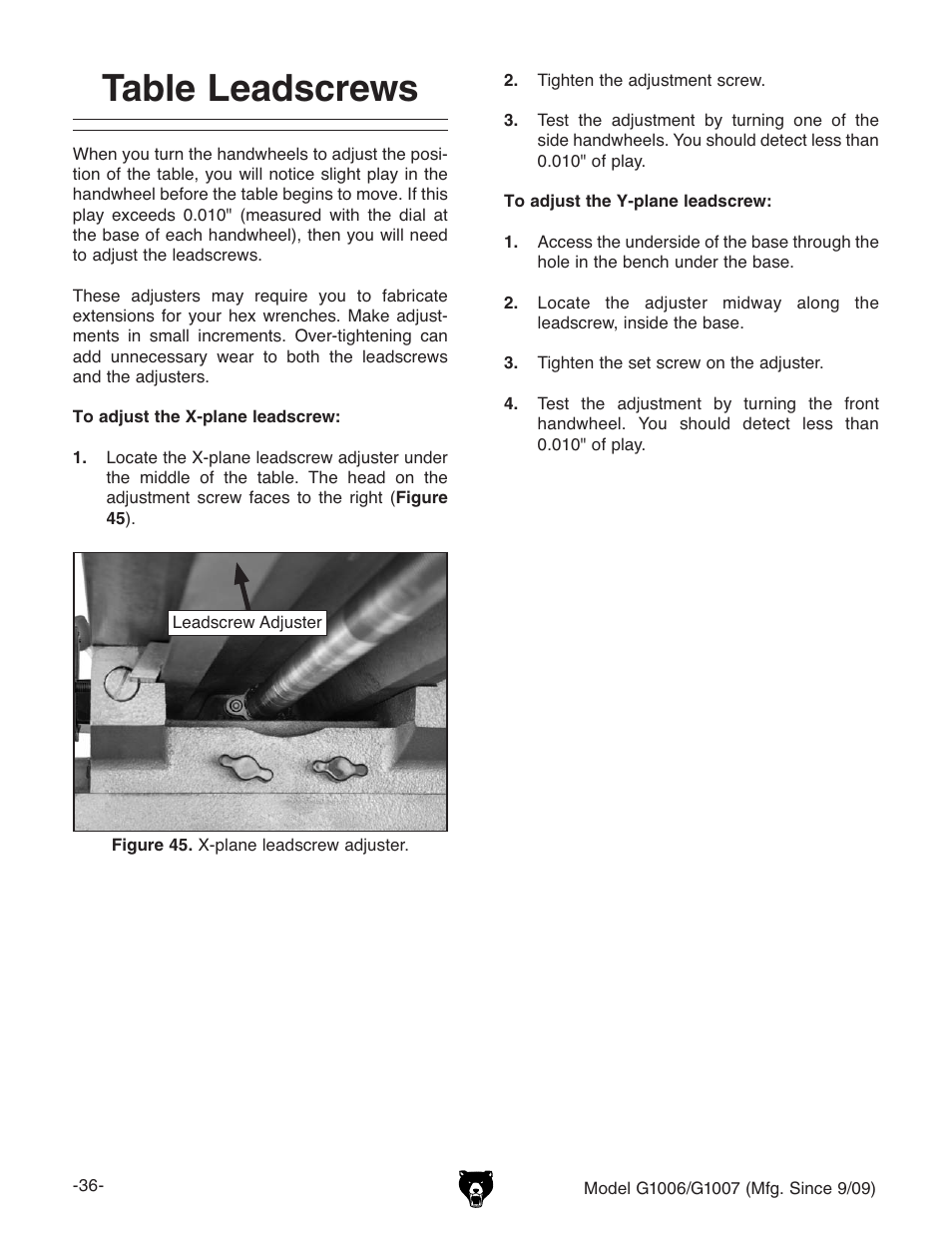 Table leadscrews | Grizzly G1007 User Manual | Page 38 / 52