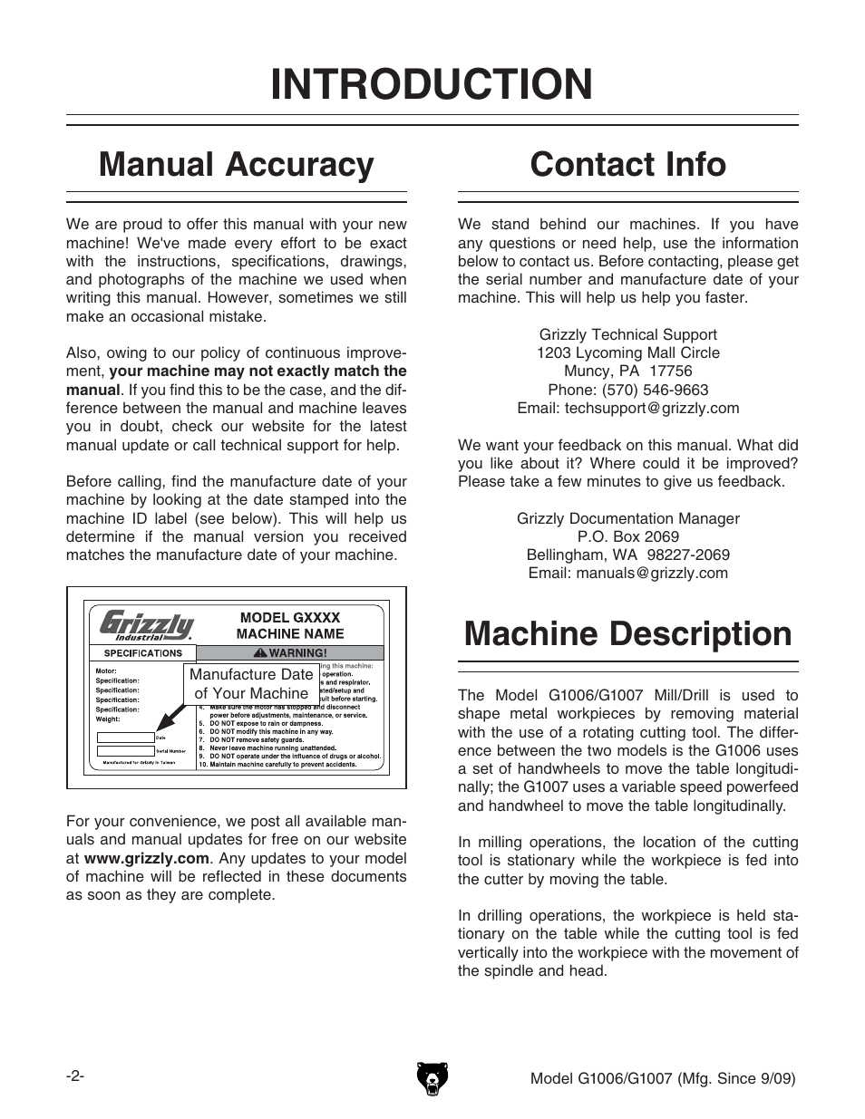 Introduction, Machine description, Manual accuracy | Contact info | Grizzly G1007 User Manual | Page 4 / 52