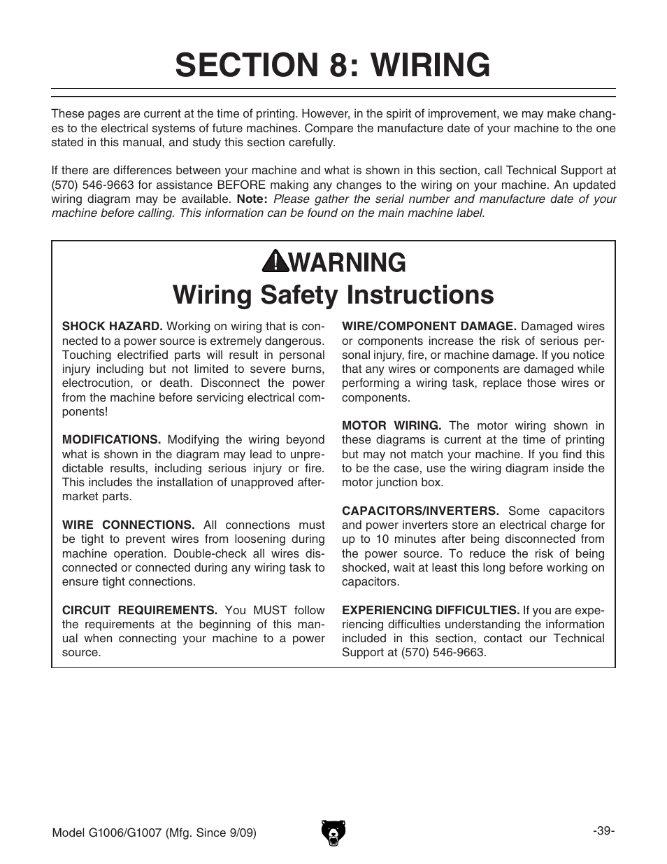 Wiring safety instructions | Grizzly G1007 User Manual | Page 41 / 52