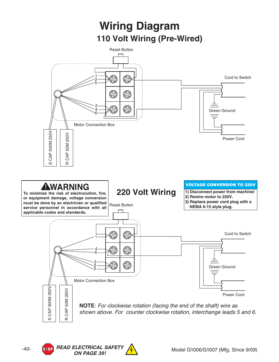 Wiring diagram, 110 volt wiring (pre-wired), 220 volt wiring | Grizzly G1007 User Manual | Page 42 / 52