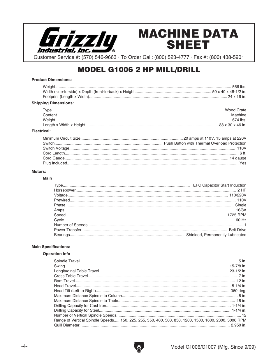 Grizzly G1007 User Manual | Page 6 / 52