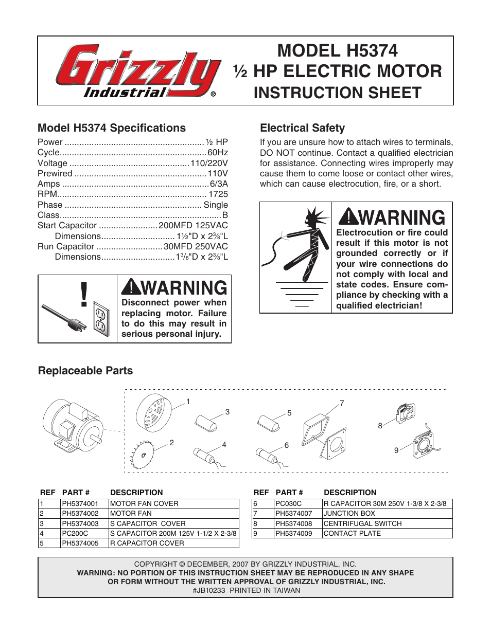 Grizzly H5374 User Manual | 2 pages