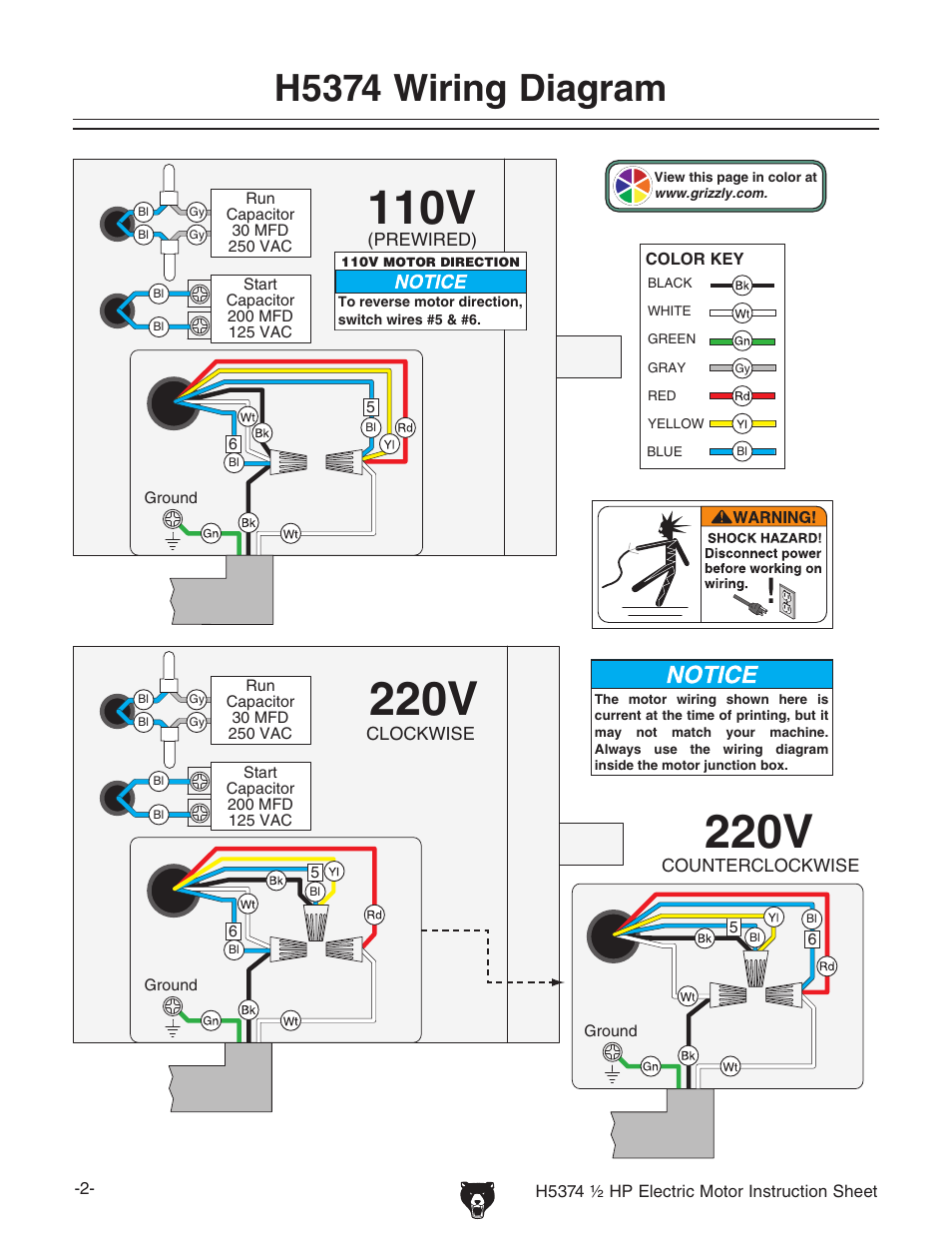 H5374 wiring diagram | Grizzly H5374 User Manual | Page 2 / 2