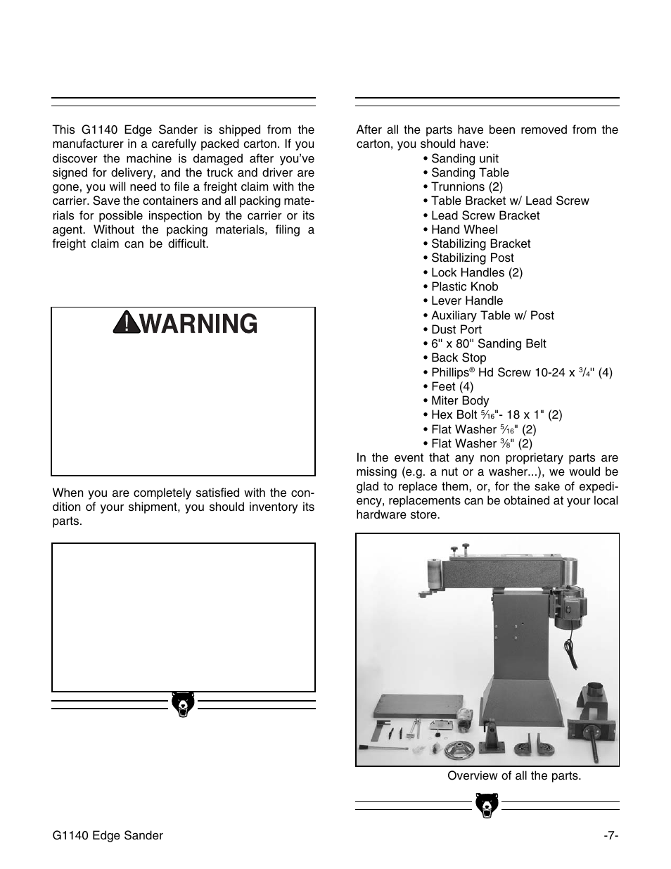 Unpacking, Piece inventory, Notice | Grizzly G0574 User Manual | Page 11 / 32