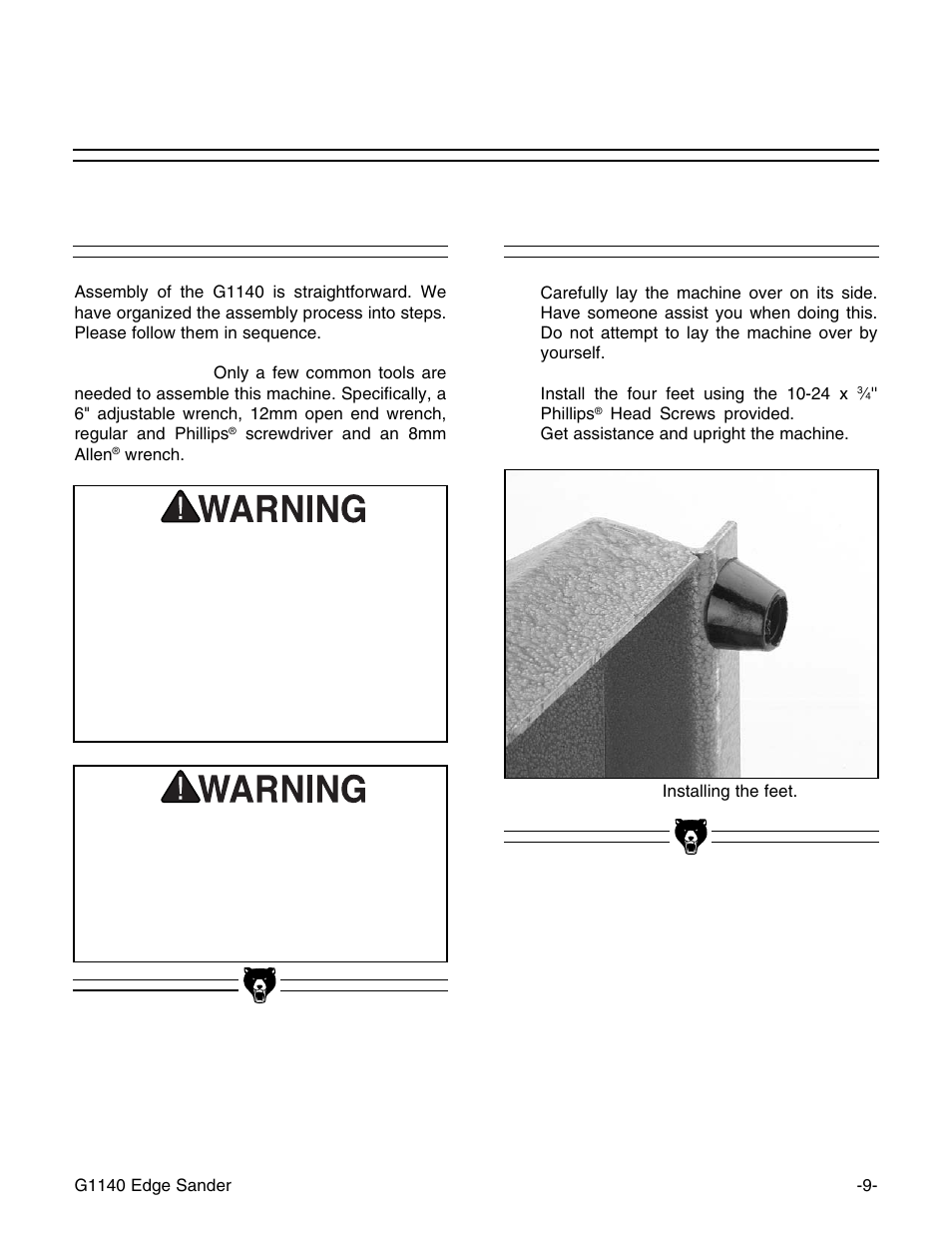 Beginning assembly, Feet | Grizzly G0574 User Manual | Page 13 / 32