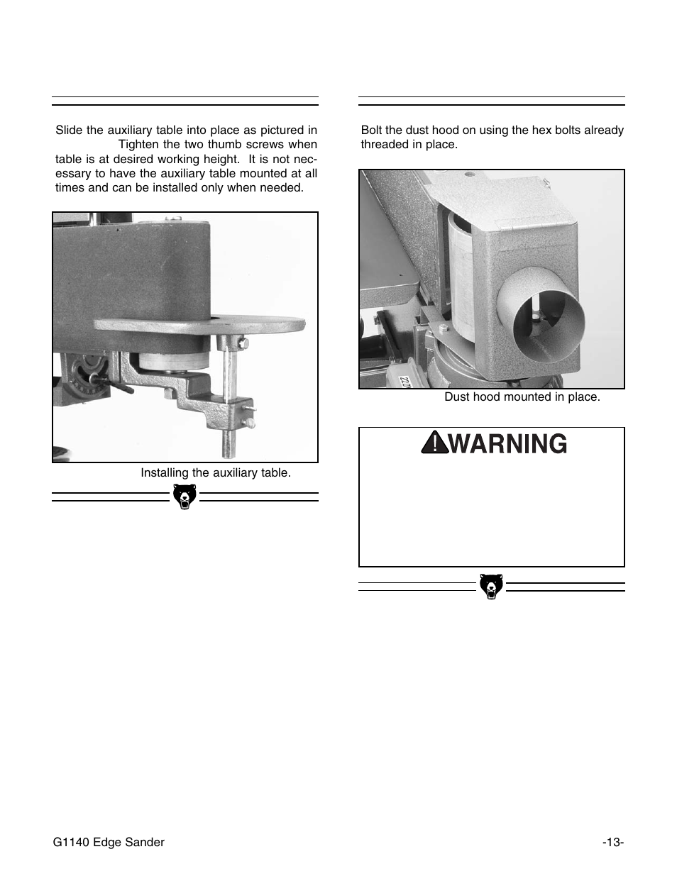 Auxiliary table, Dust hood | Grizzly G0574 User Manual | Page 17 / 32