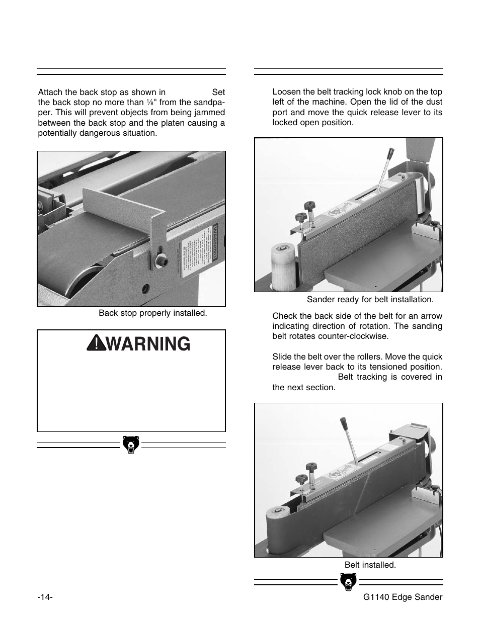 Back stop, Belt installation | Grizzly G0574 User Manual | Page 18 / 32