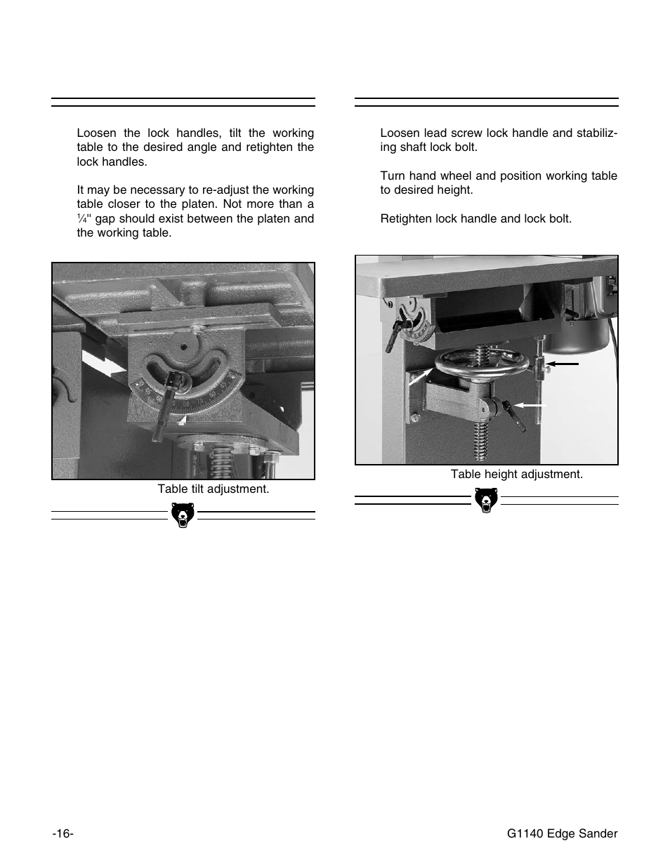 Table tilt, Table height | Grizzly G0574 User Manual | Page 20 / 32