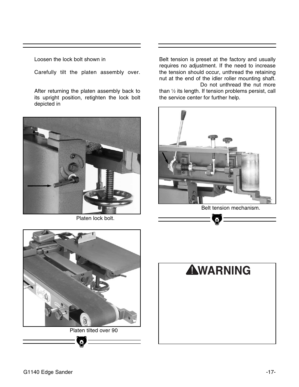 Platen tilt, Belt tension | Grizzly G0574 User Manual | Page 21 / 32