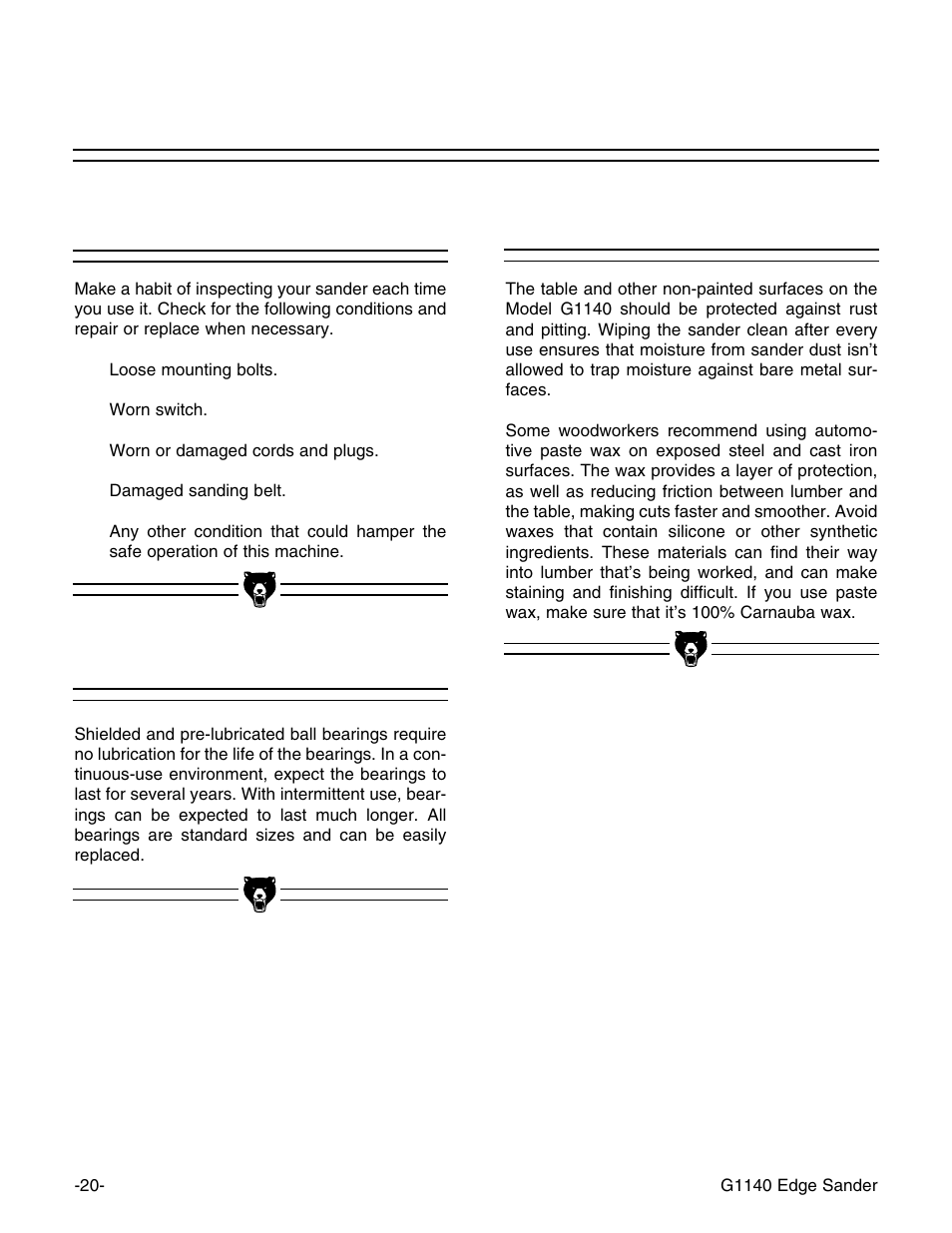 Lubrication table, General | Grizzly G0574 User Manual | Page 24 / 32