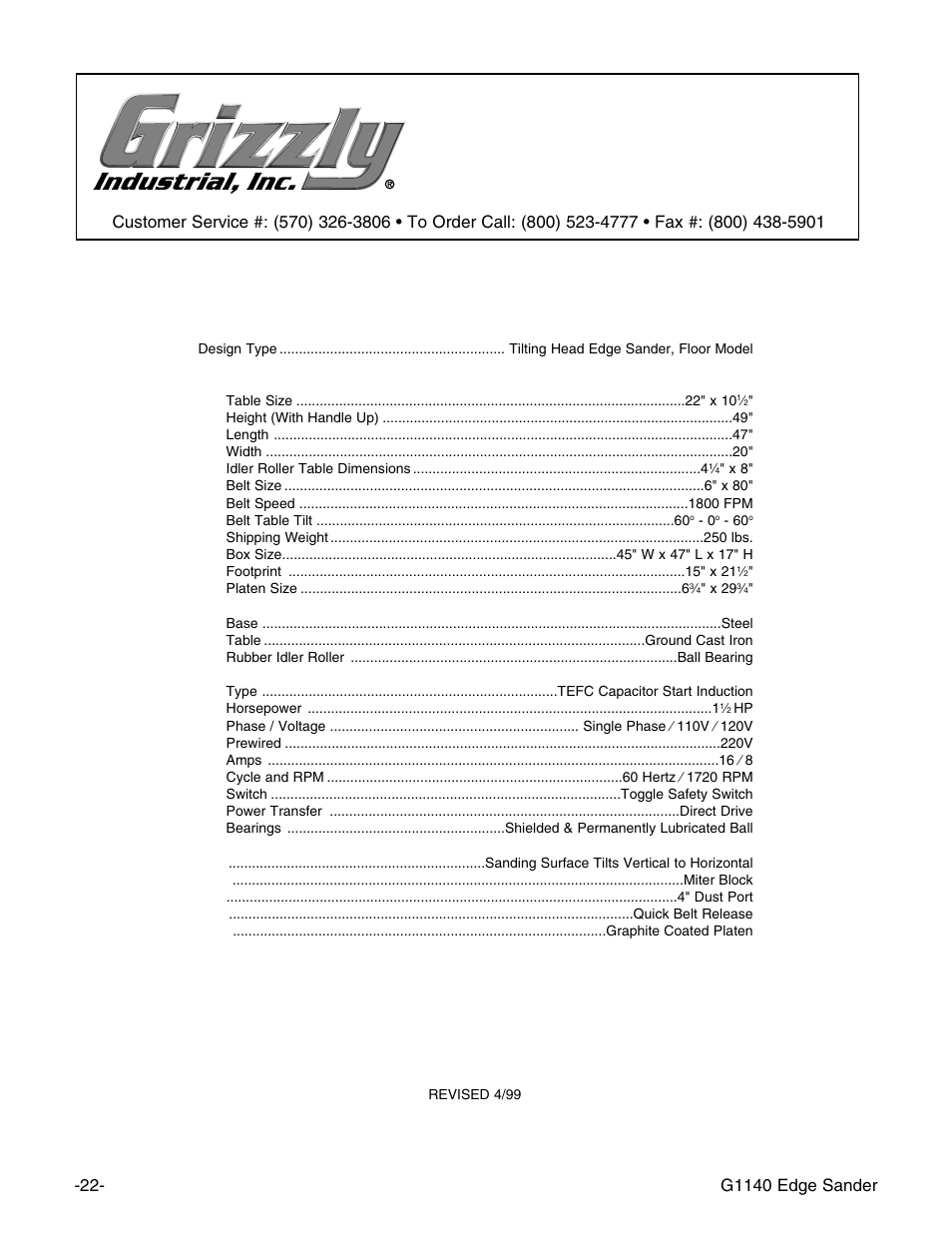 Machine data sheet, Grizzly model g1140 heavy duty edge sander | Grizzly G0574 User Manual | Page 26 / 32