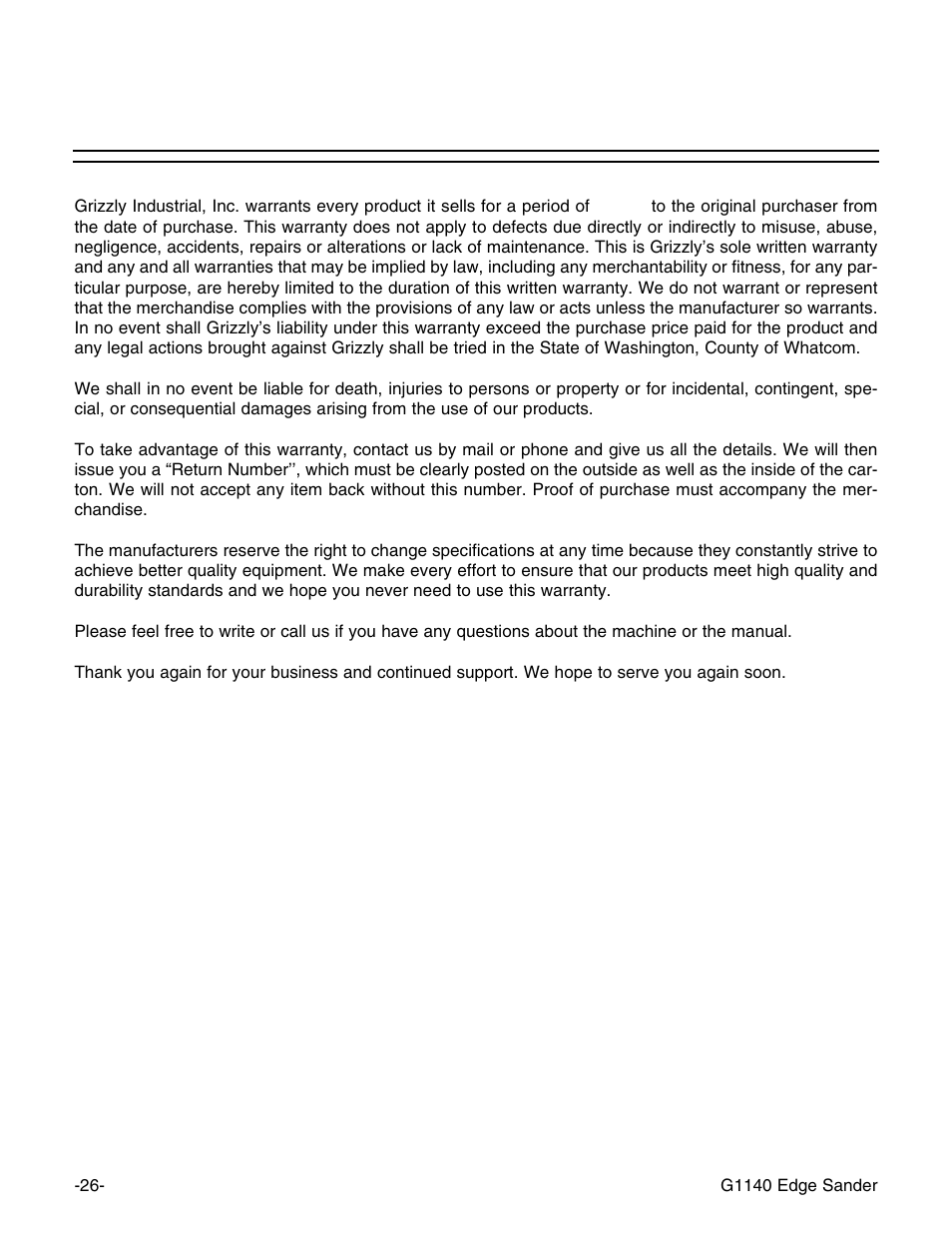 Warranty and returns | Grizzly G0574 User Manual | Page 30 / 32