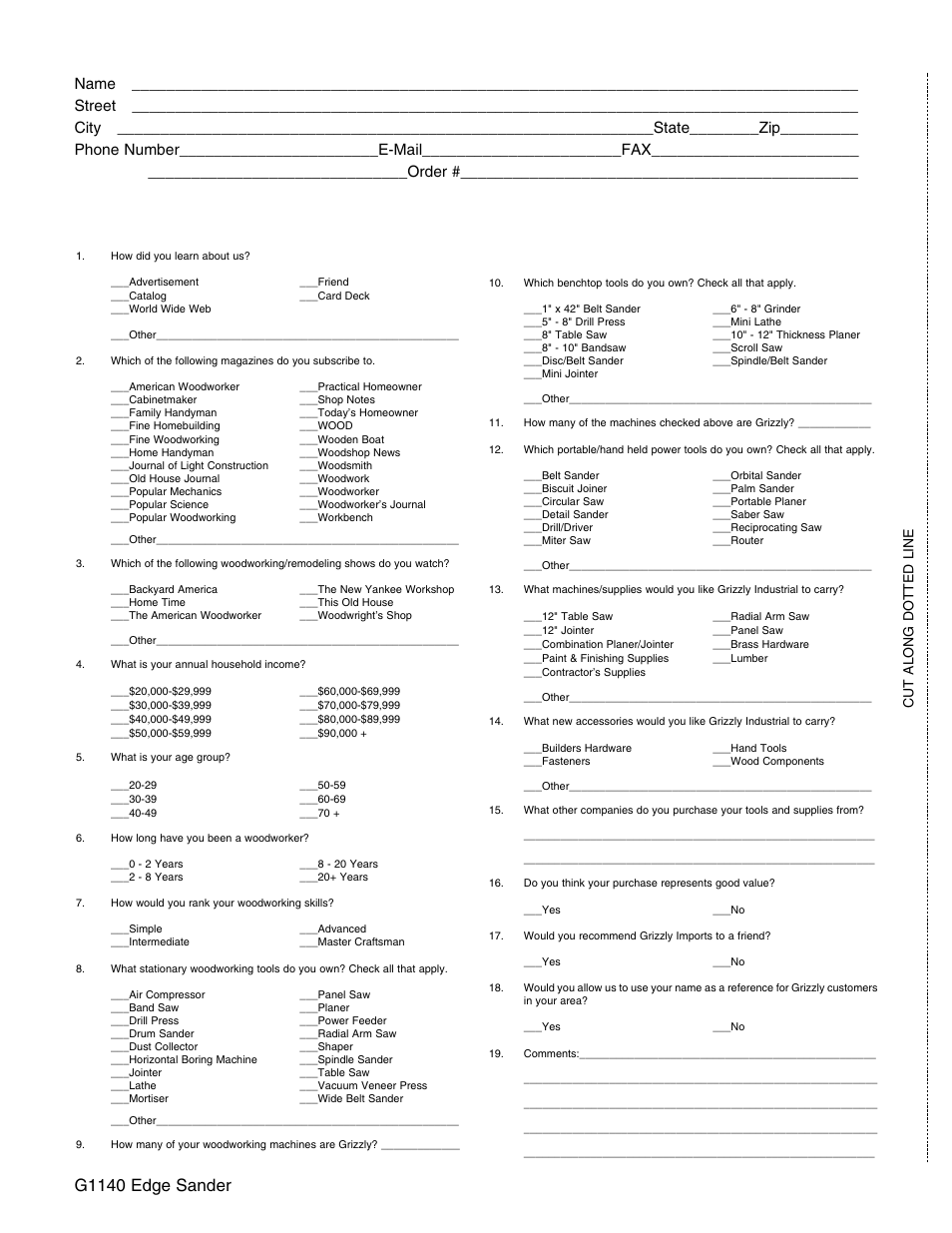 Warranty card, G1140 edge sander, Cut along dotted line | Grizzly G0574 User Manual | Page 31 / 32