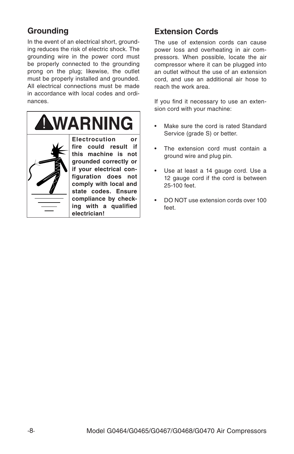 Extension cords, Grounding | Grizzly G0464 User Manual | Page 10 / 36