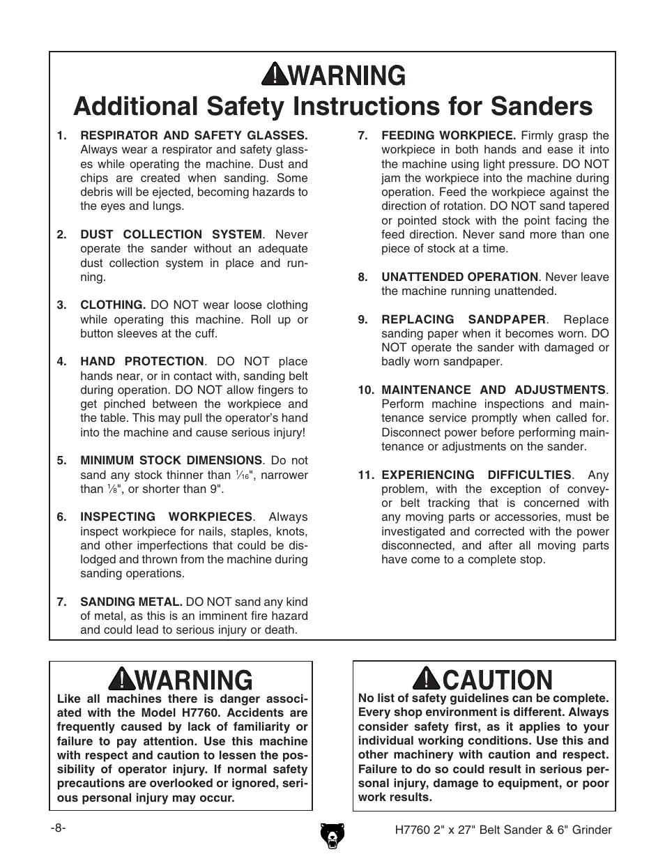 Additional safety instructions for sanders | Grizzly H7760 User Manual | Page 10 / 32