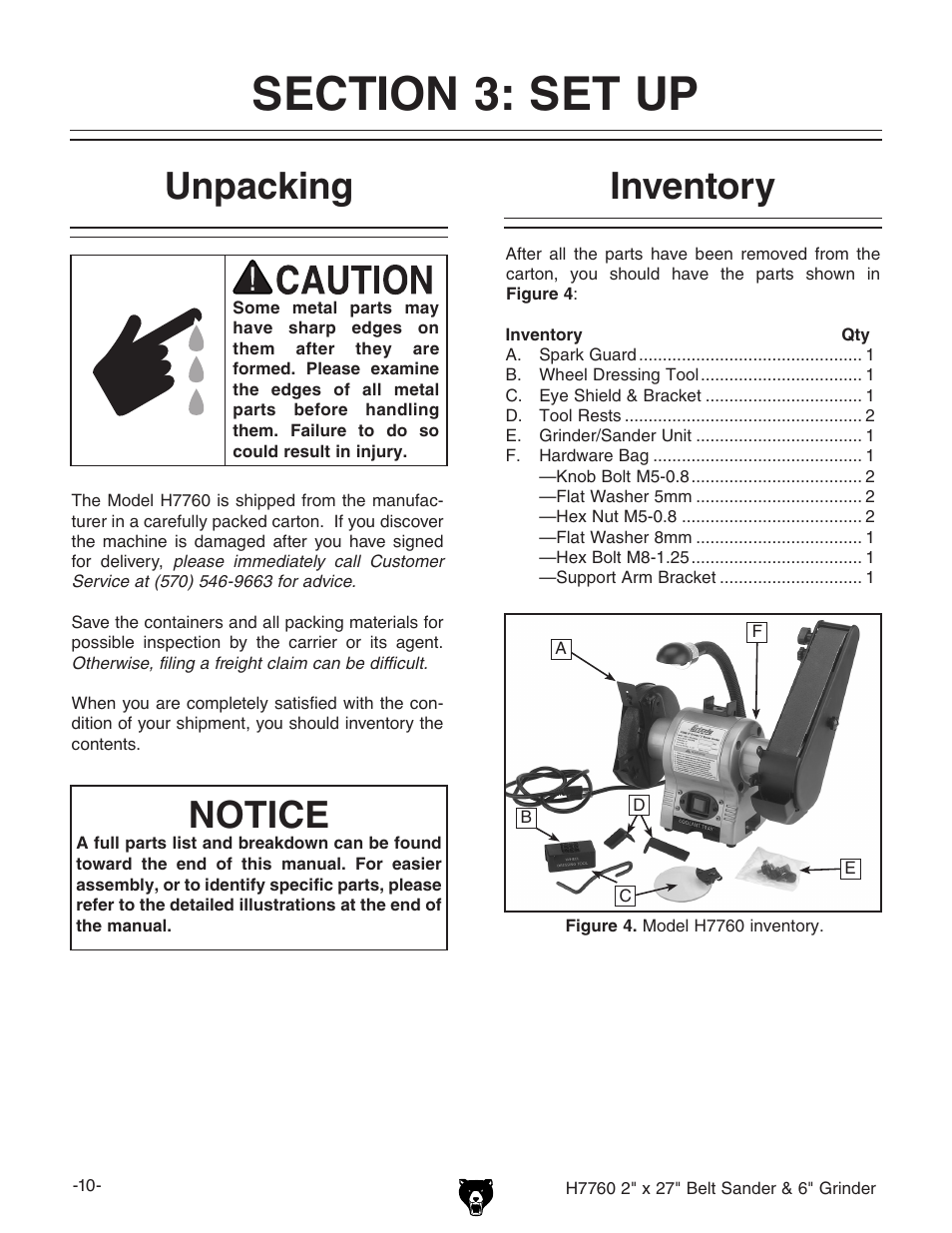 Unpacking, Notice, Inventory | Grizzly H7760 User Manual | Page 12 / 32