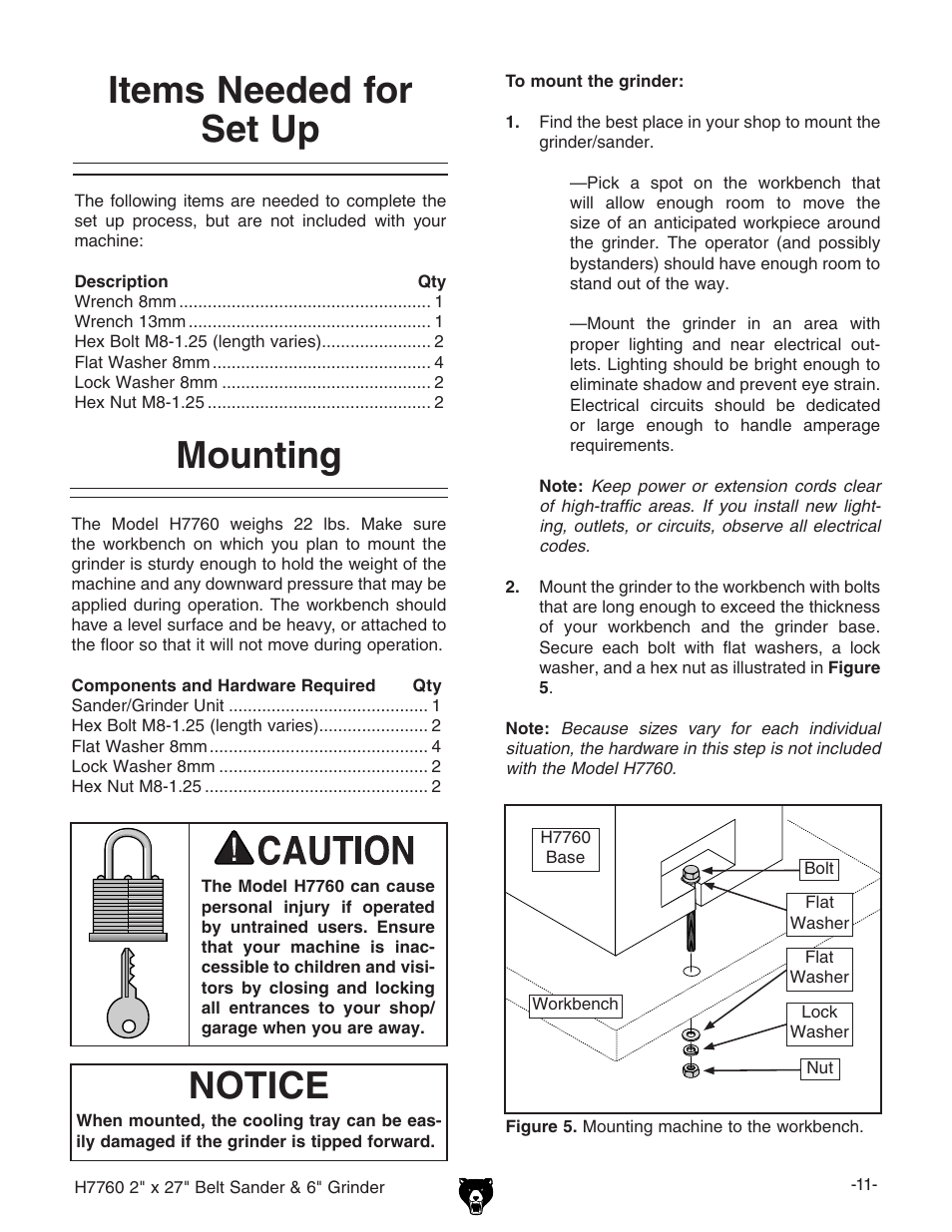 Mounting, Notice, Items needed for set up | Grizzly H7760 User Manual | Page 13 / 32