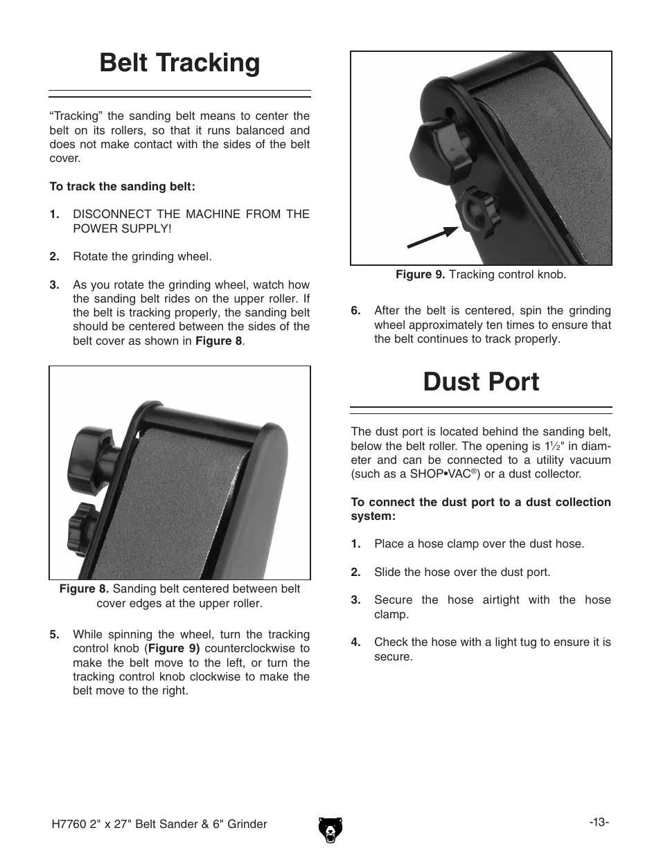 Belt tracking, Dust port | Grizzly H7760 User Manual | Page 15 / 32