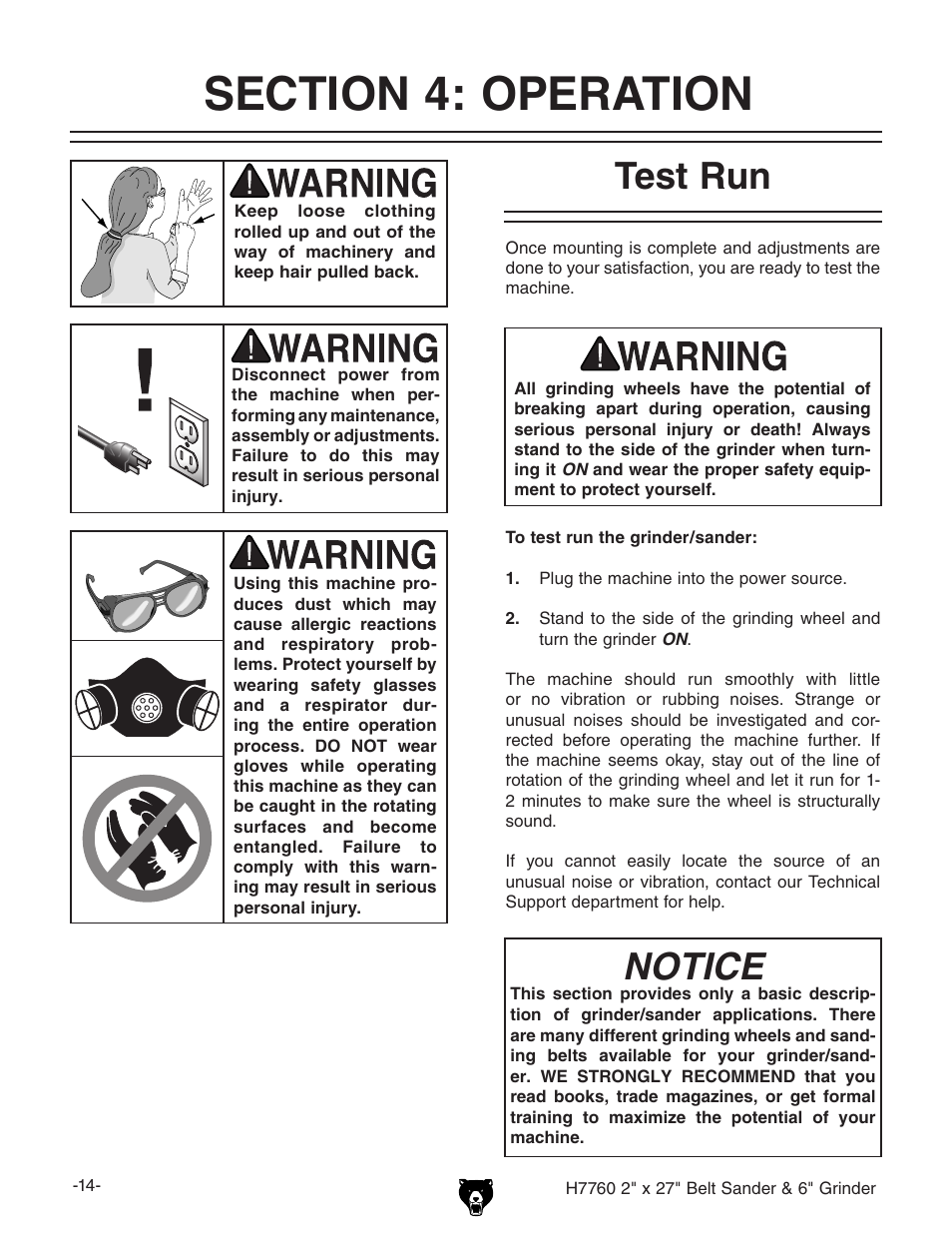 Notice, Test run | Grizzly H7760 User Manual | Page 16 / 32