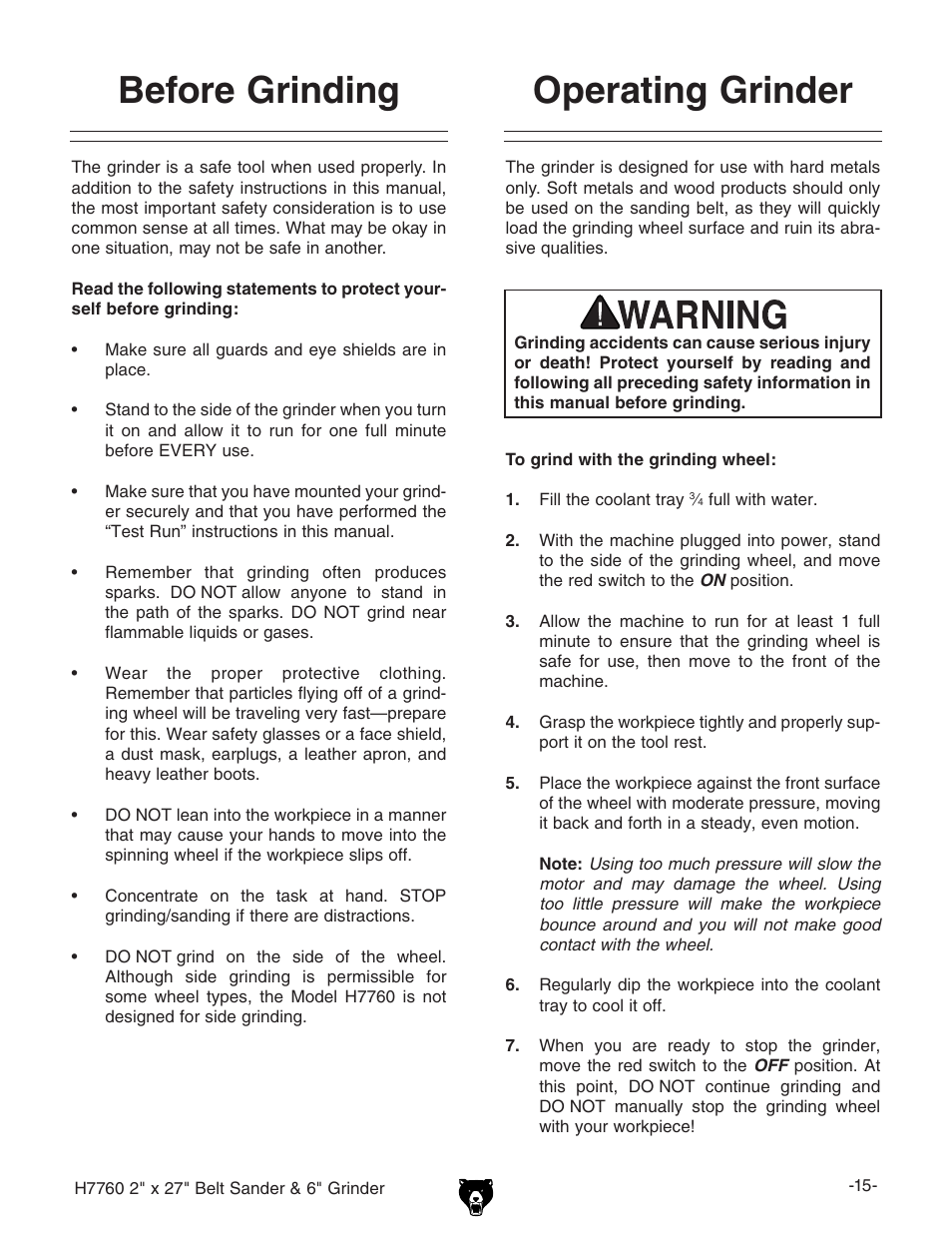 Before grinding operating grinder | Grizzly H7760 User Manual | Page 17 / 32