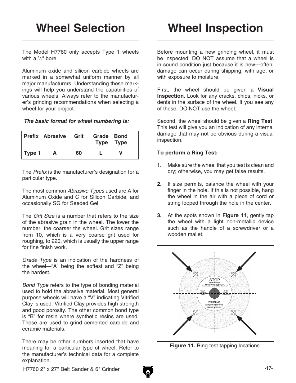 Wheel inspection, Wheel selection | Grizzly H7760 User Manual | Page 19 / 32