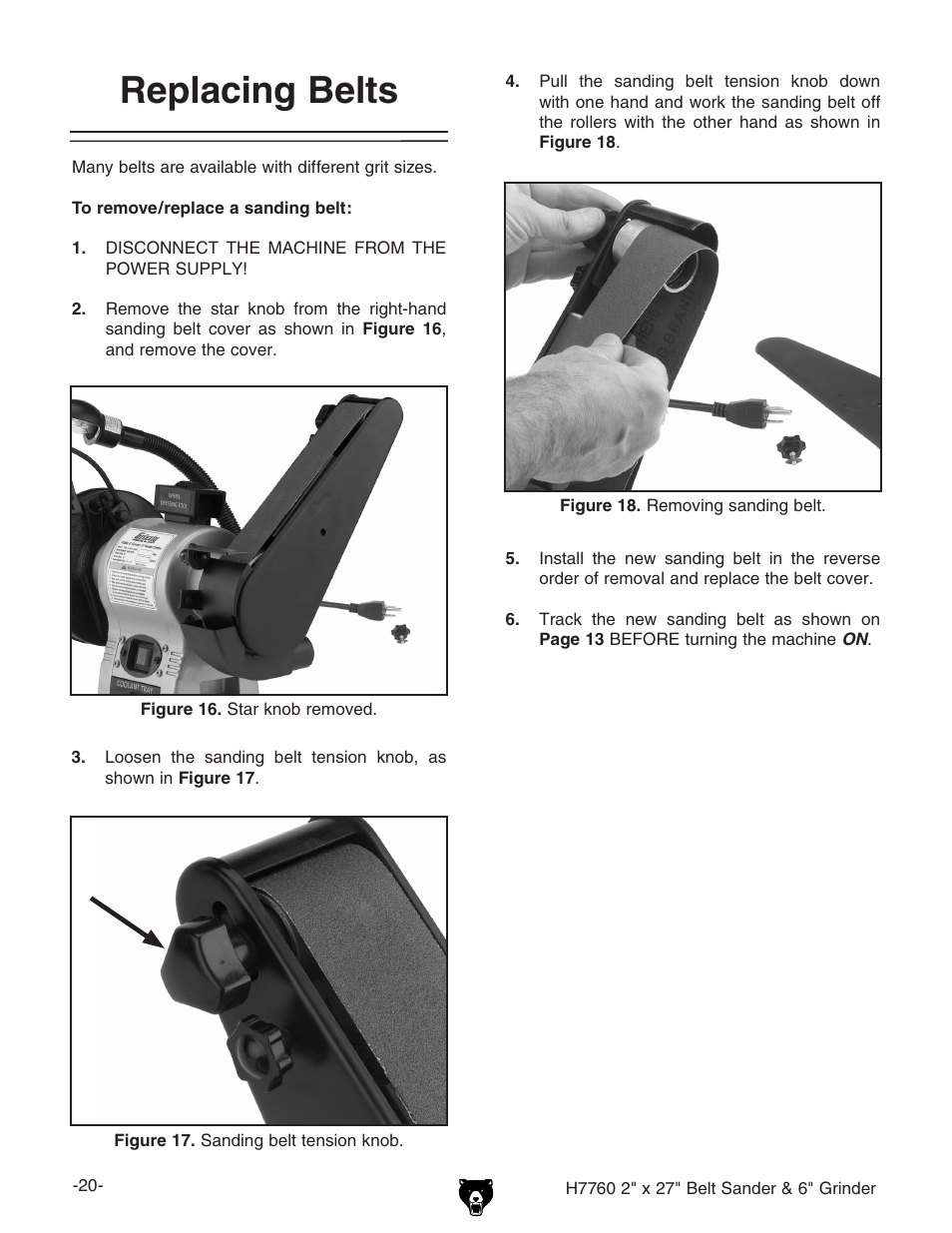 Replacing belts | Grizzly H7760 User Manual | Page 22 / 32