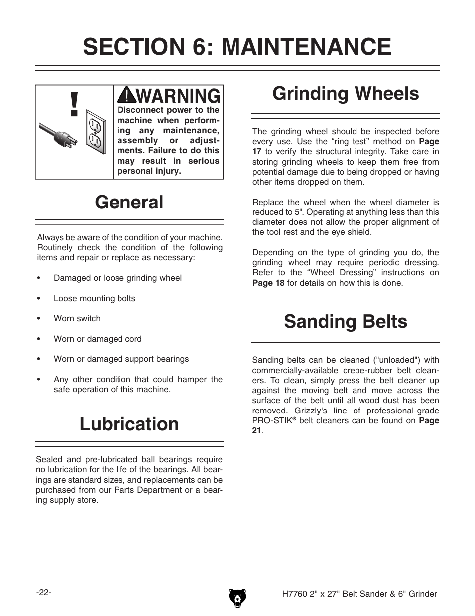 Sanding belts, Grinding wheels, General | Lubrication | Grizzly H7760 User Manual | Page 24 / 32