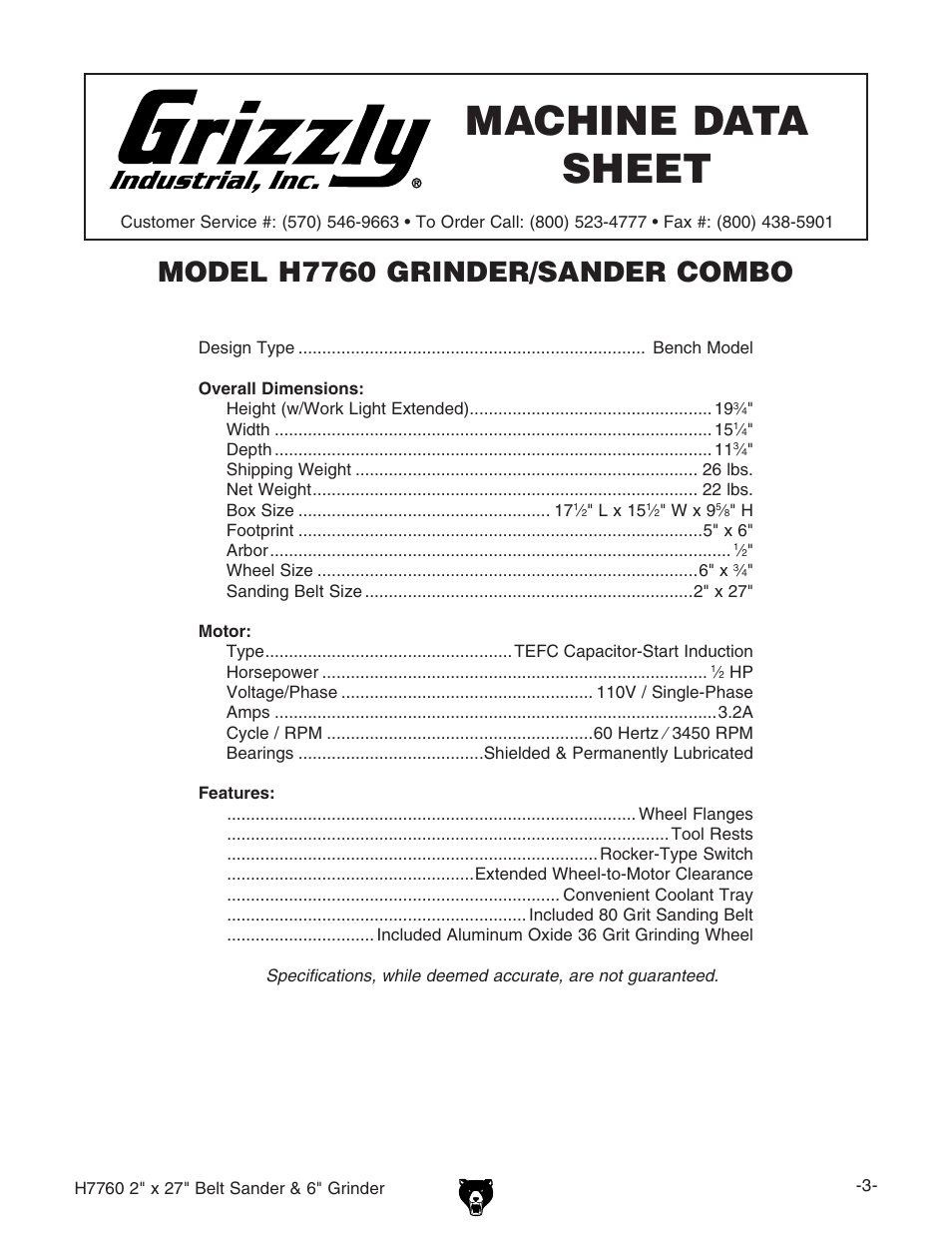 Machine data sheet, Model h7760 grinder/sander combo | Grizzly H7760 User Manual | Page 5 / 32