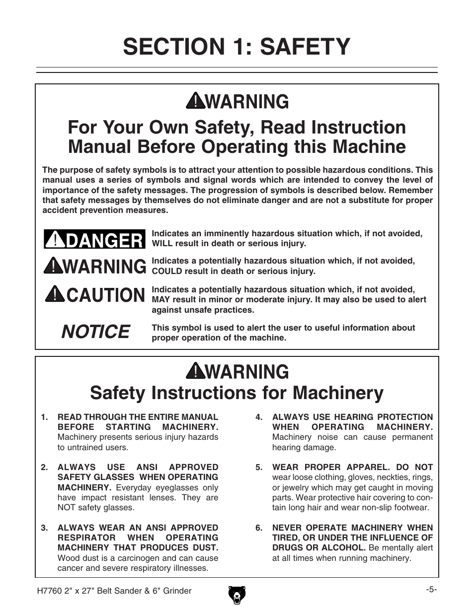 Notice safety instructions for machinery | Grizzly H7760 User Manual | Page 7 / 32