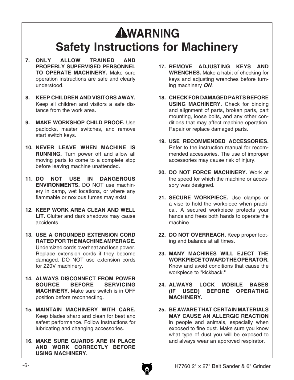 Safety instructions for machinery | Grizzly H7760 User Manual | Page 8 / 32