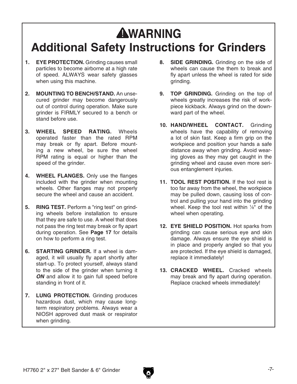 Additional safety instructions for grinders | Grizzly H7760 User Manual | Page 9 / 32