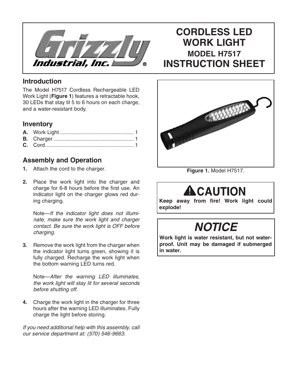 Grizzly Cordless LED H7517 User Manual | 2 pages