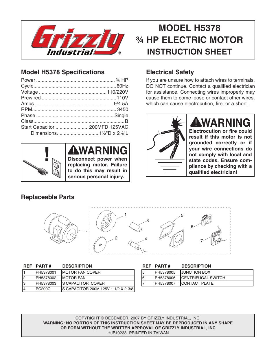 Grizzly 3/4 HP Electric Motor H5378 User Manual | 2 pages