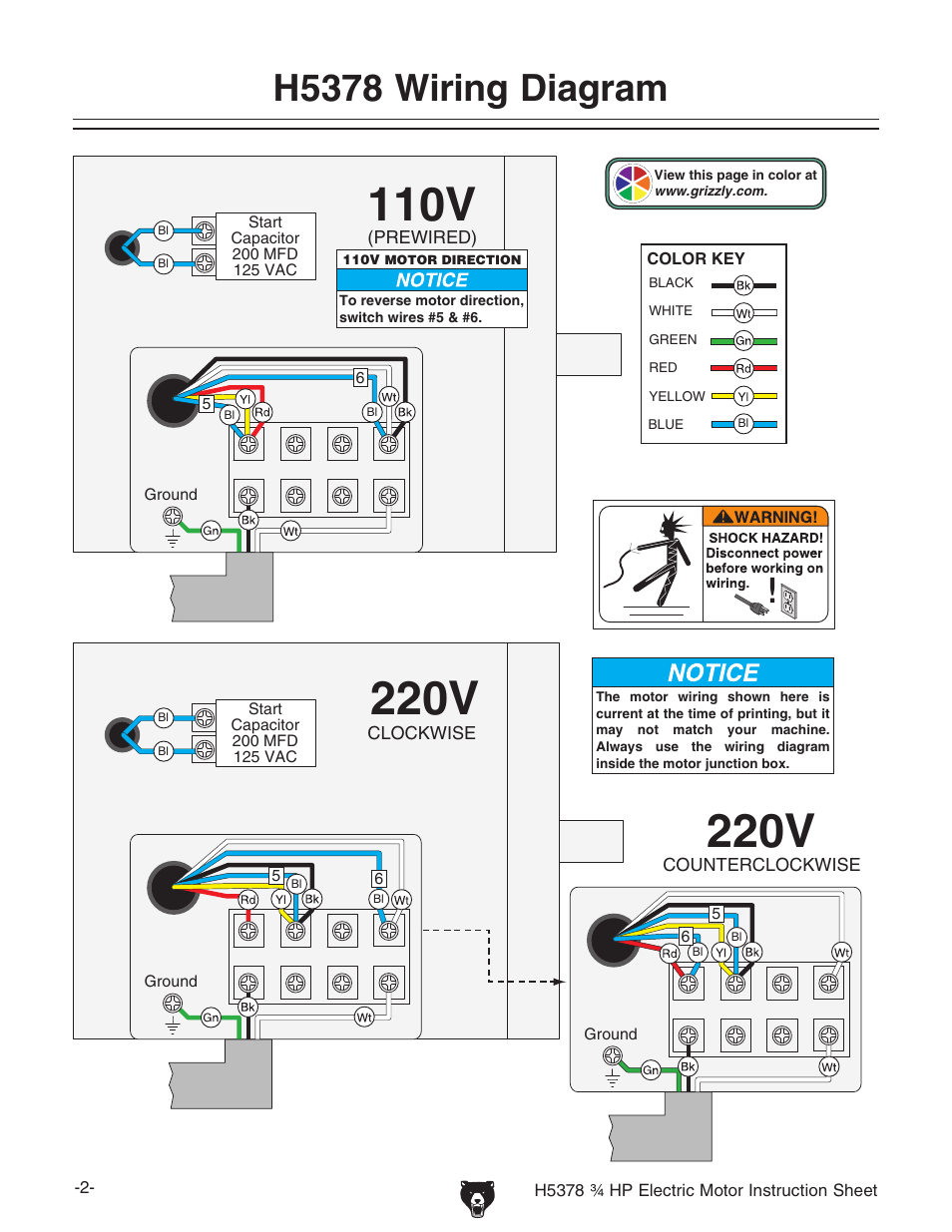 H5378 wiring diagram | Grizzly 3/4 HP Electric Motor H5378 User Manual | Page 2 / 2